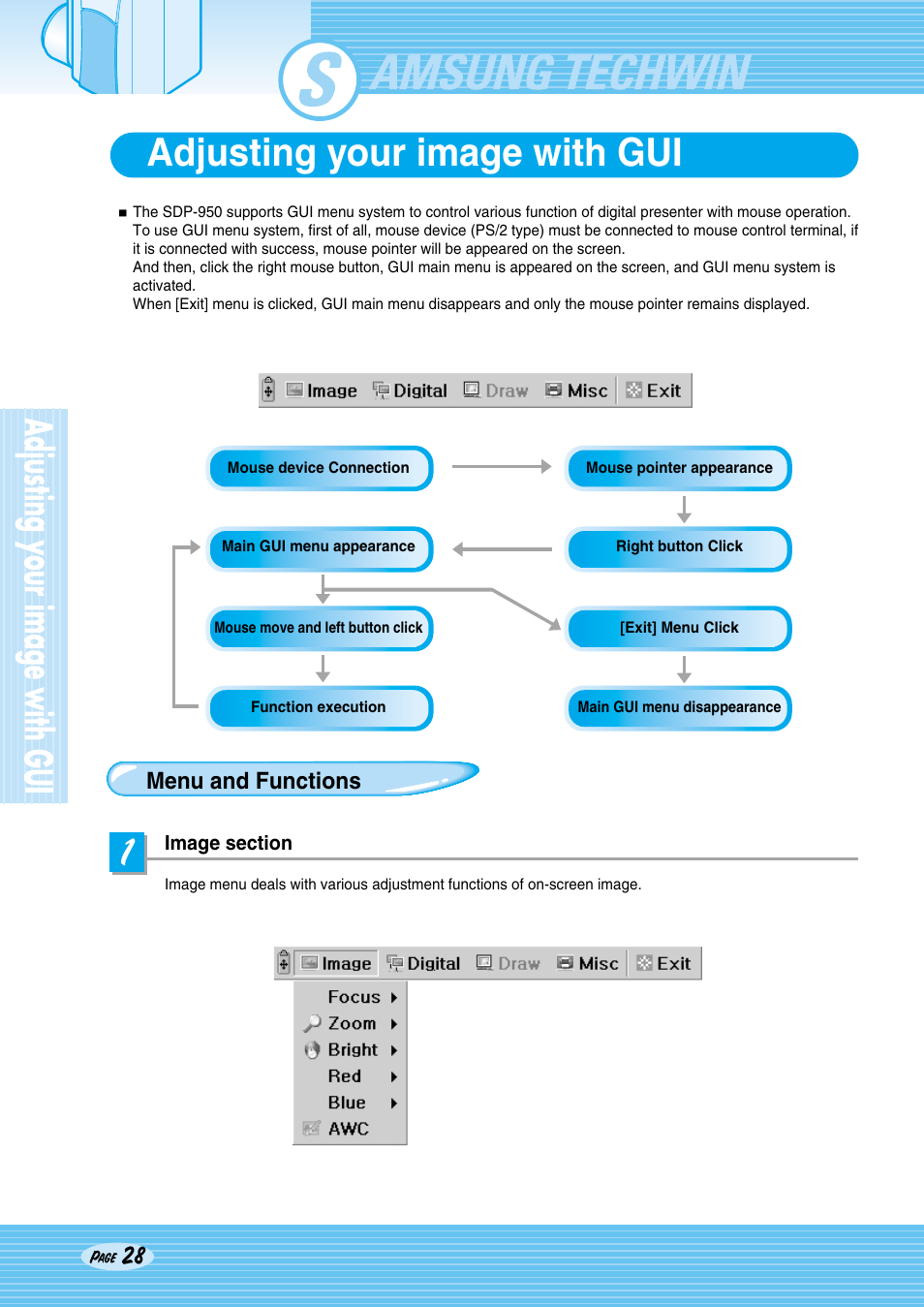 Sdp-950, Adjusting your image with gui | Samsung SDP-950STA User Manual | Page 28 / 45