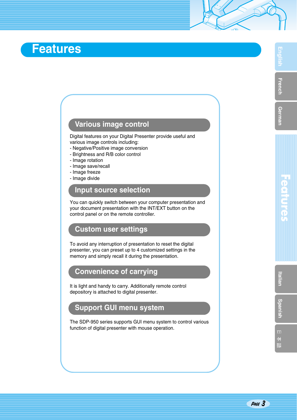 Features | Samsung SDP-950STA User Manual | Page 3 / 45