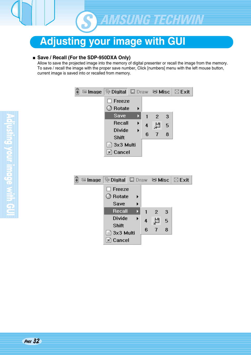 Sdp-950, Adjusting your image with gui | Samsung SDP-950STA User Manual | Page 32 / 45