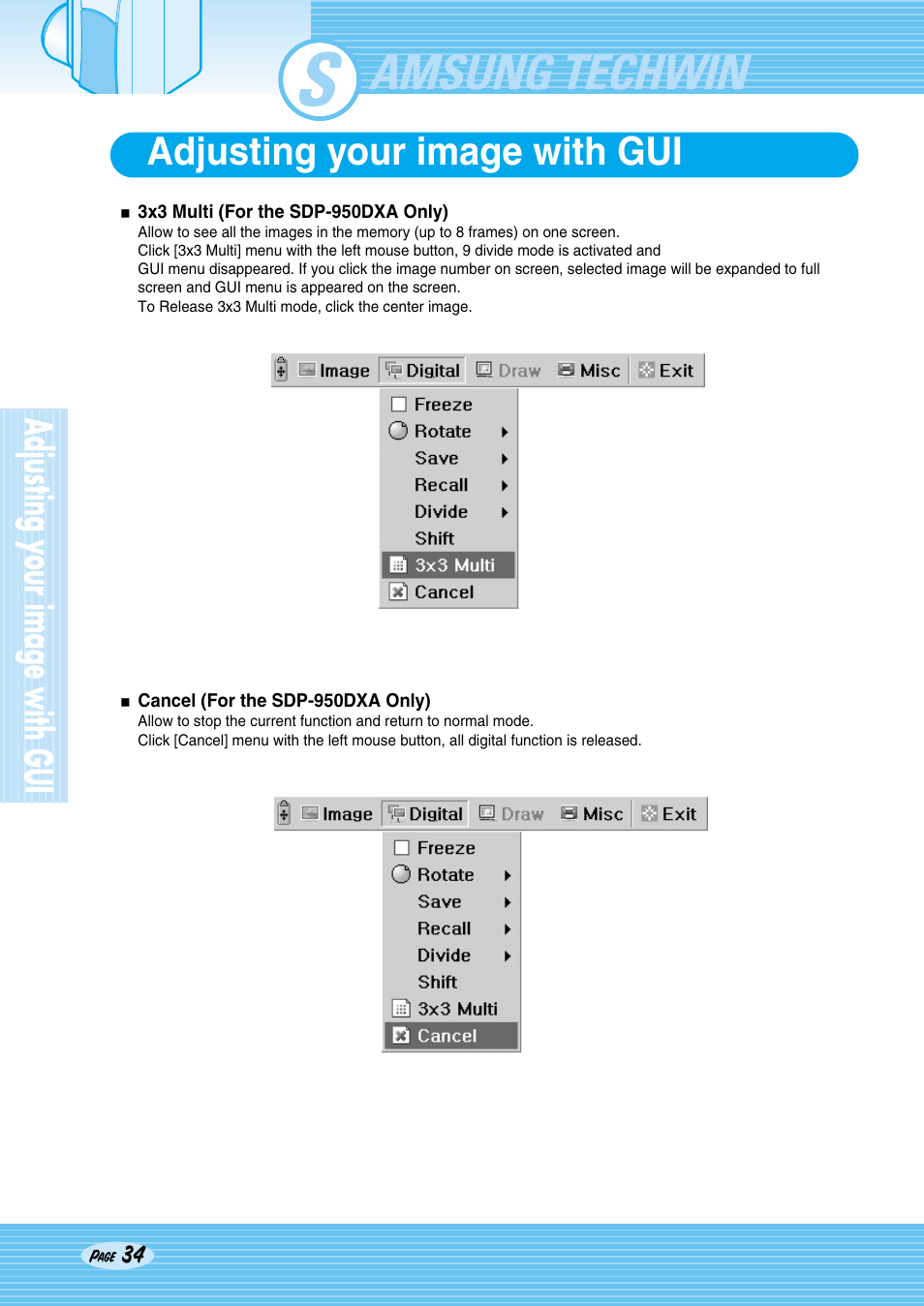 Sdp-950, Adjusting your image with gui | Samsung SDP-950STA User Manual | Page 34 / 45