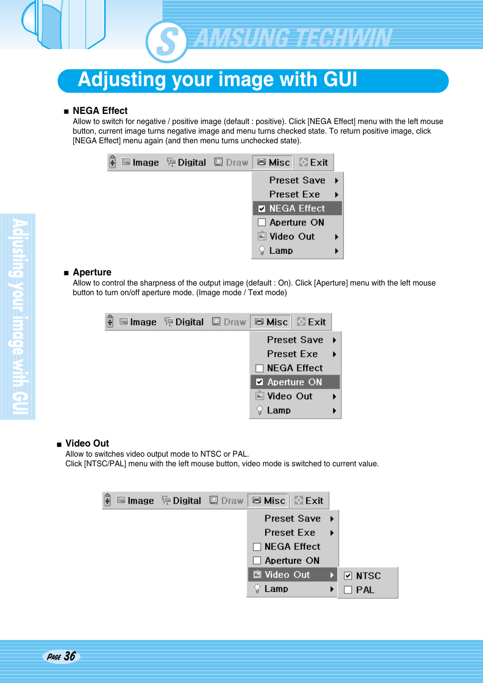 Sdp-950, Adjusting your image with gui | Samsung SDP-950STA User Manual | Page 36 / 45