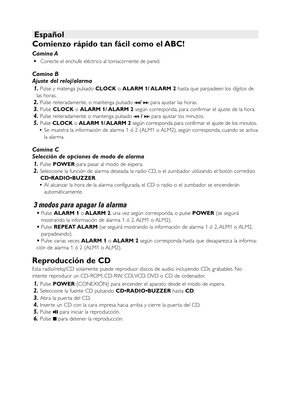 Español comienzo rápido tan fácil como el abc, Reproducción de cd, 3 modos para apagar la alarma | Philips Radio reloj User Manual | Page 3 / 3