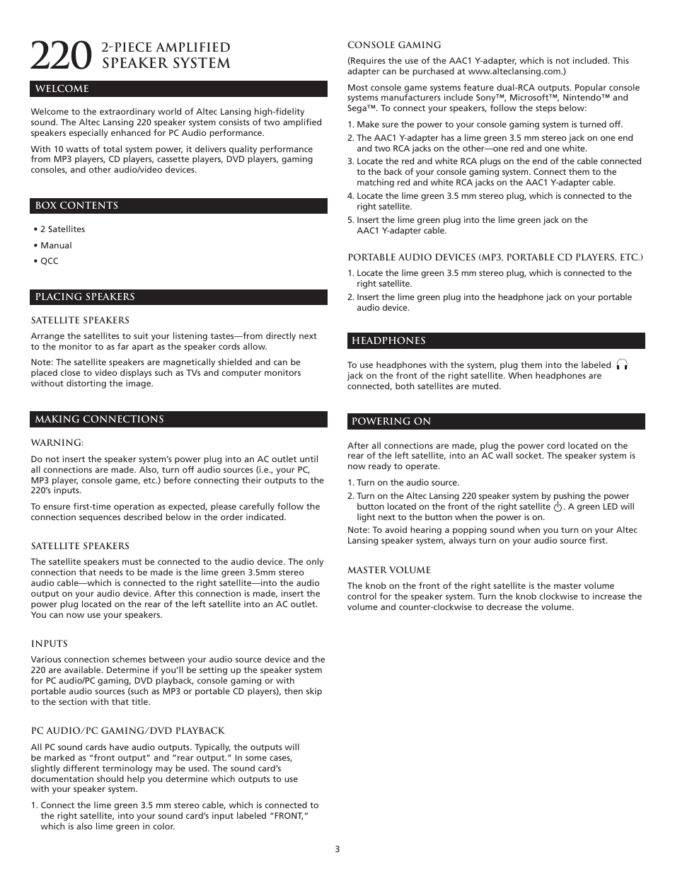 Speaker system, Piece amplified | Altec Lansing 220 User Manual | Page 3 / 18