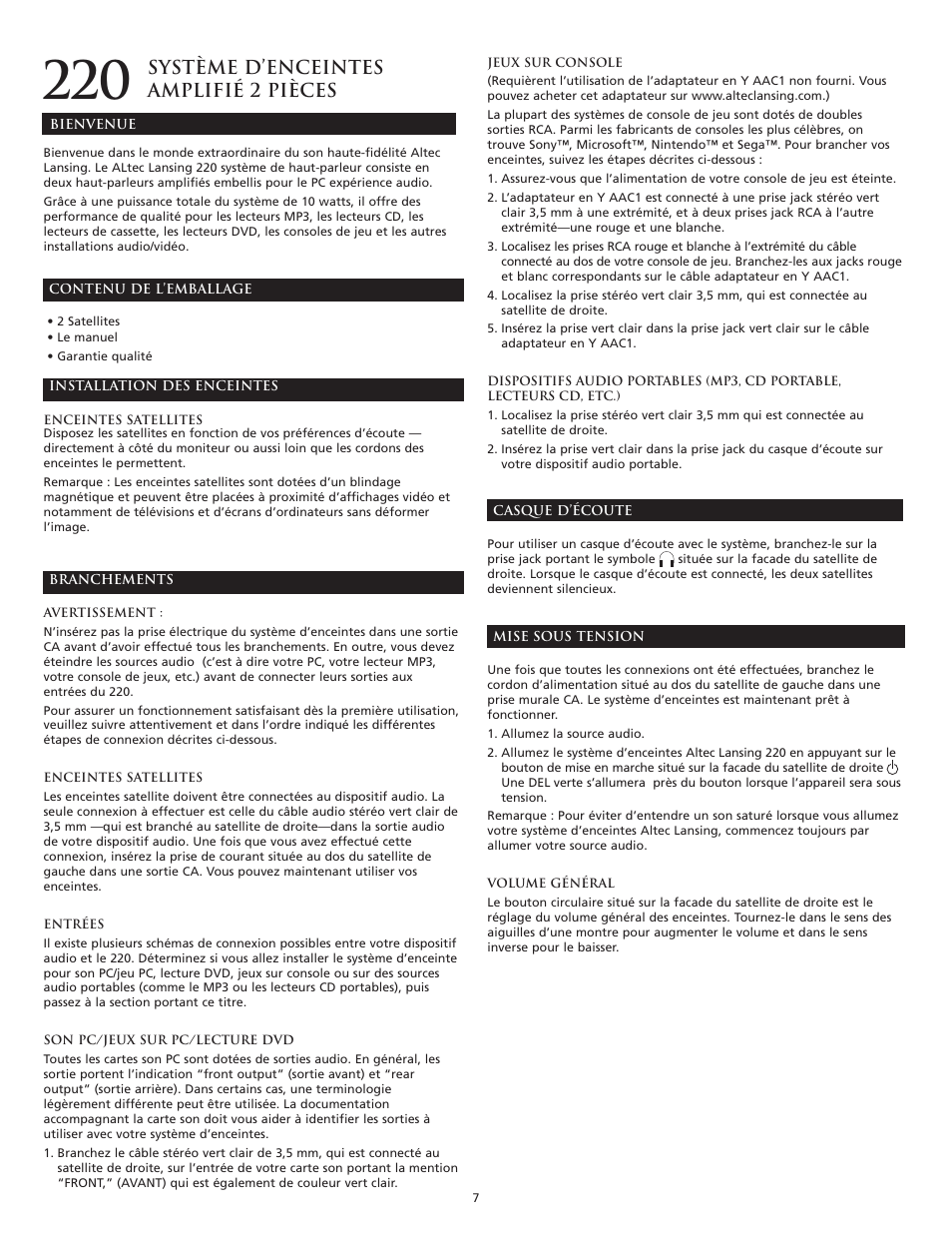 Système d’enceintes amplifié 2 pièces | Altec Lansing 220 User Manual | Page 7 / 18