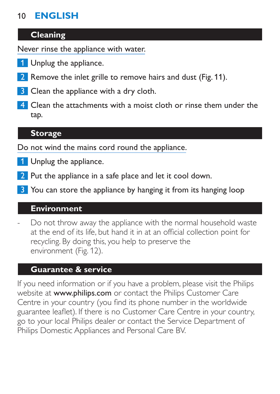 Cleaning, Storage, Environment | Guarantee & service | Philips SalonDry Pro Secador User Manual | Page 10 / 96