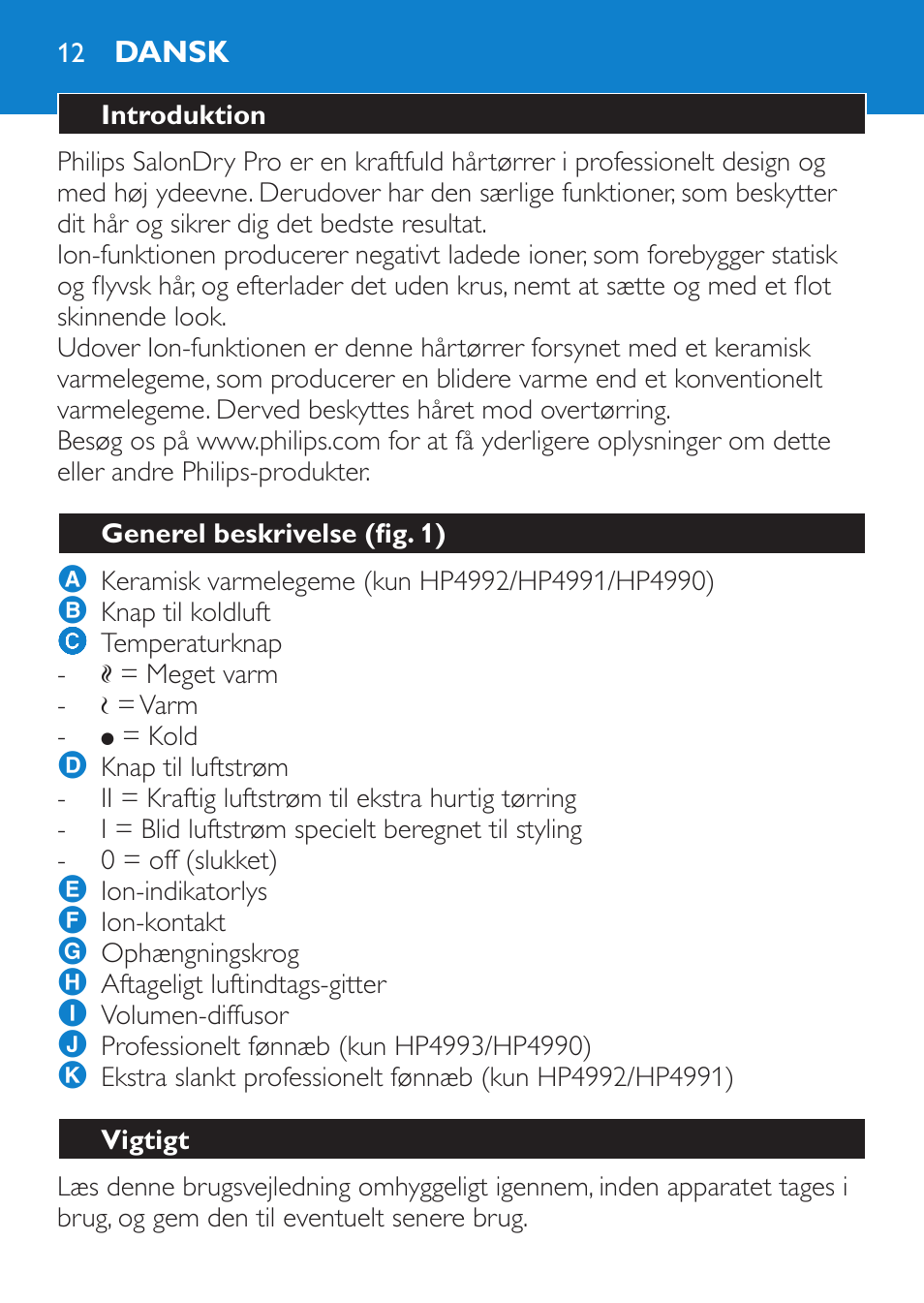 Dansk, Introduktion, Generel beskrivelse (fig. 1) | Vigtigt | Philips SalonDry Pro Secador User Manual | Page 12 / 96