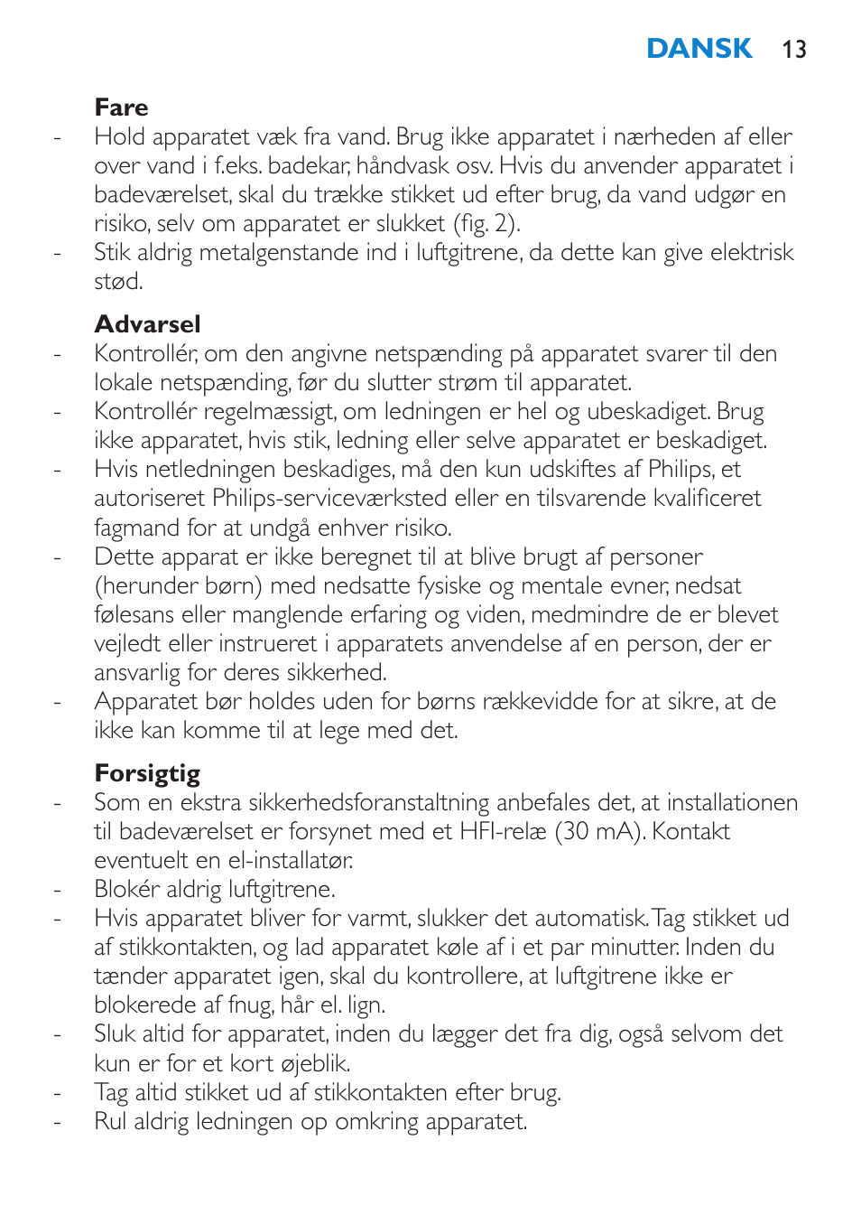 Fare, Advarsel, Forsigtig | Philips SalonDry Pro Secador User Manual | Page 13 / 96