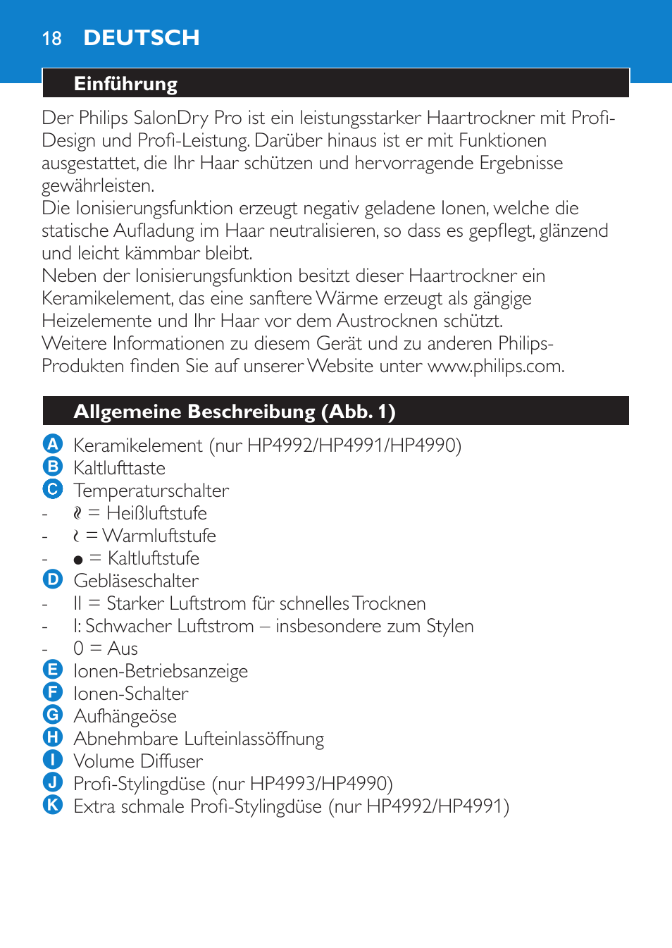 Deutsch, Einführung, Allgemeine beschreibung (abb. 1) | Philips SalonDry Pro Secador User Manual | Page 18 / 96