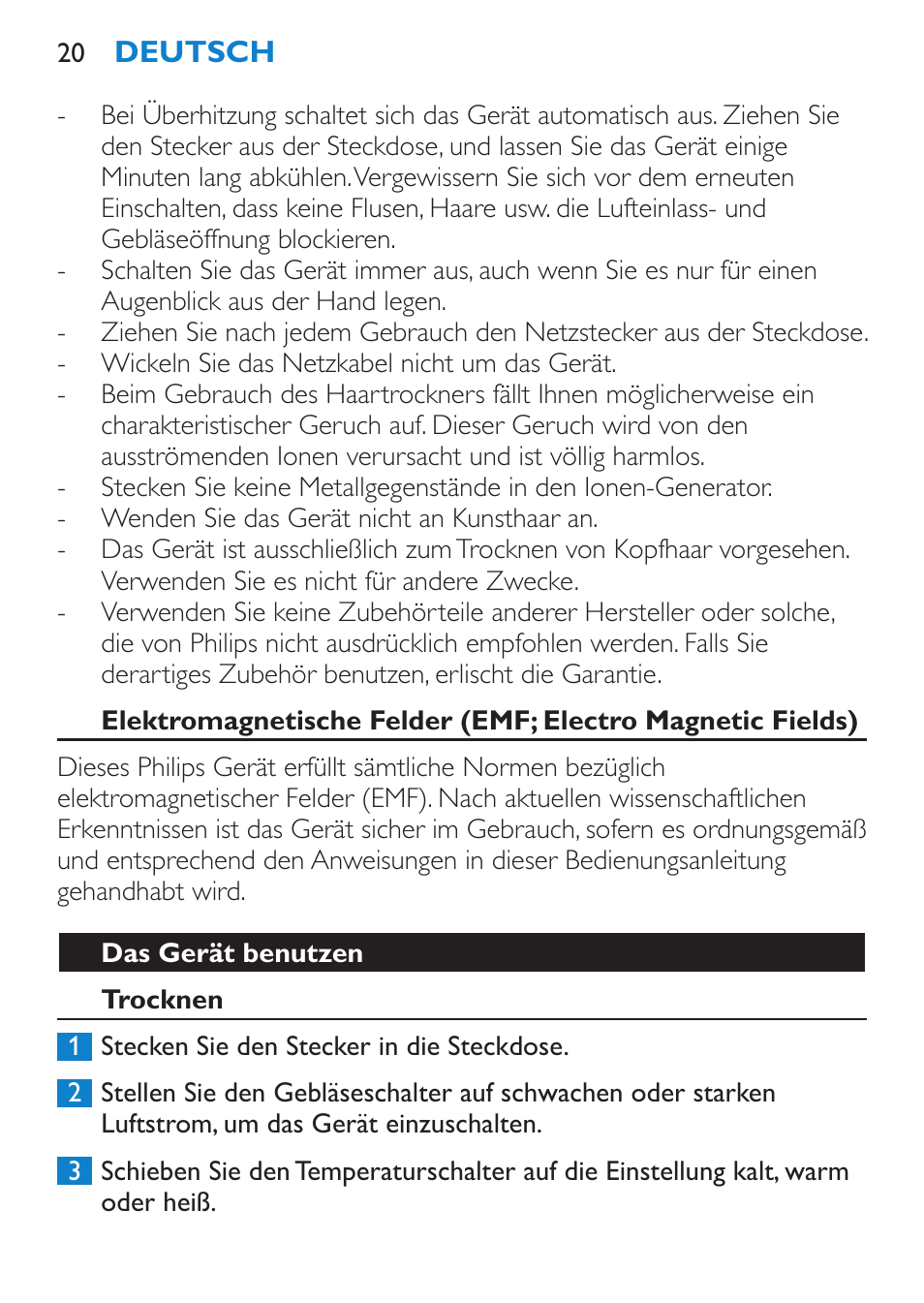 Das gerät benutzen, Trocknen | Philips SalonDry Pro Secador User Manual | Page 20 / 96