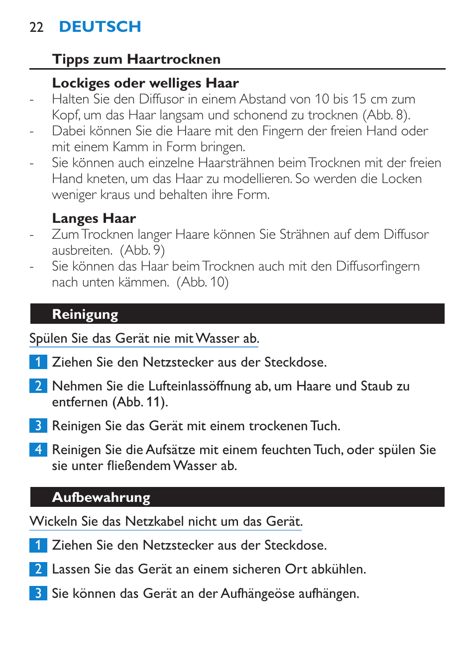 Tipps zum haartrocknen, Lockiges oder welliges haar, Langes haar | Reinigung, Aufbewahrung | Philips SalonDry Pro Secador User Manual | Page 22 / 96