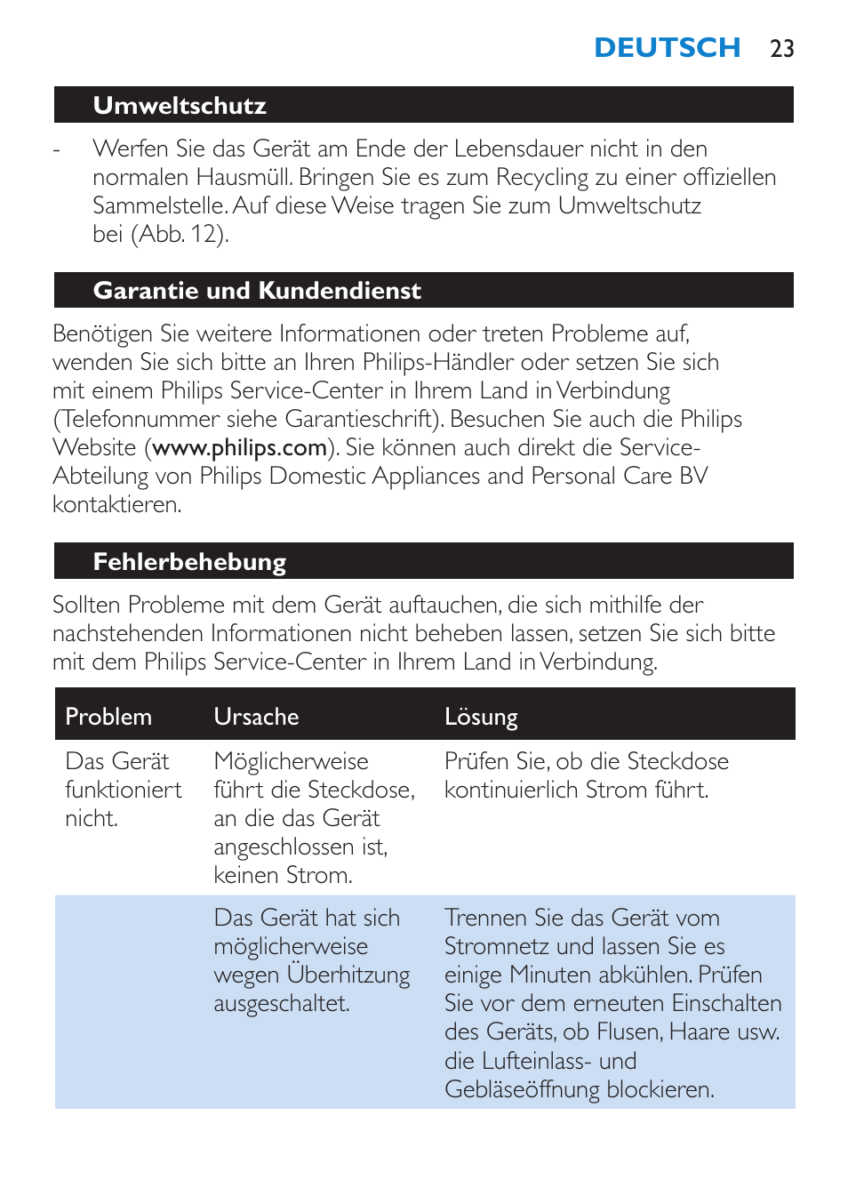 Umweltschutz, Garantie und kundendienst, Fehlerbehebung | Philips SalonDry Pro Secador User Manual | Page 23 / 96