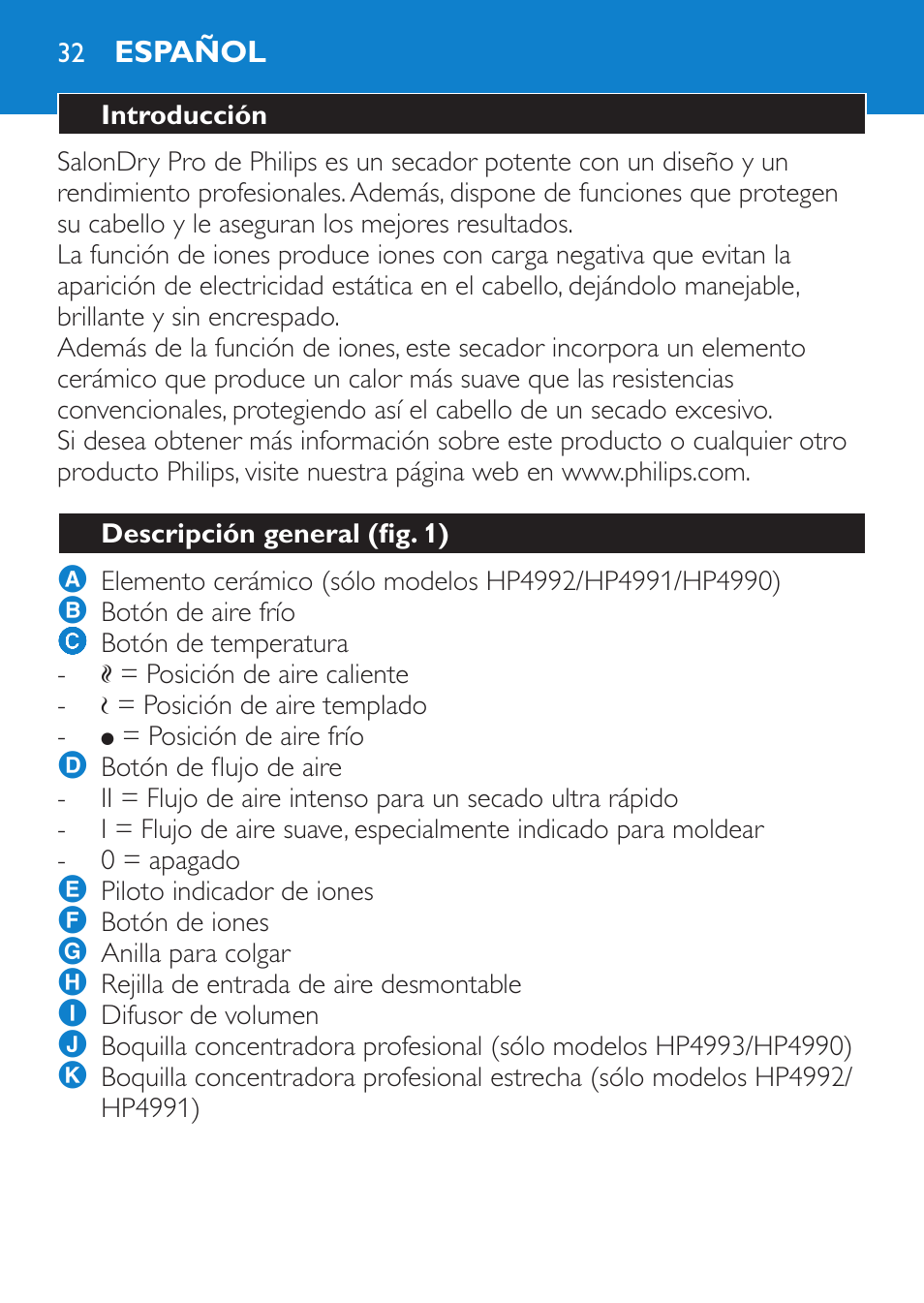 Español, Introducción, Descripción general (fig. 1) | Philips SalonDry Pro Secador User Manual | Page 32 / 96