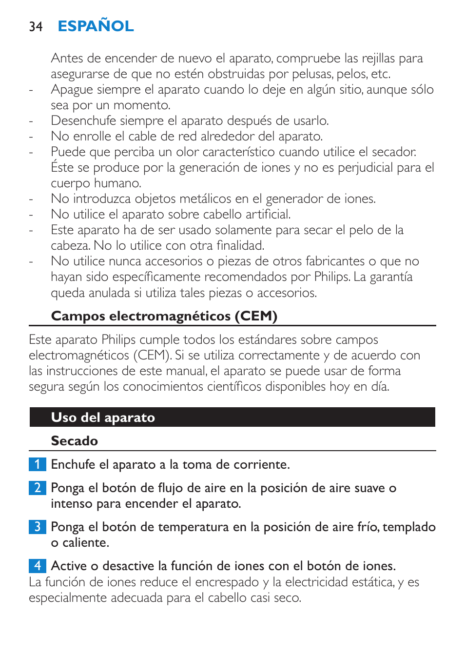 Campos electromagnéticos (cem), Uso del aparato, Secado | Philips SalonDry Pro Secador User Manual | Page 34 / 96