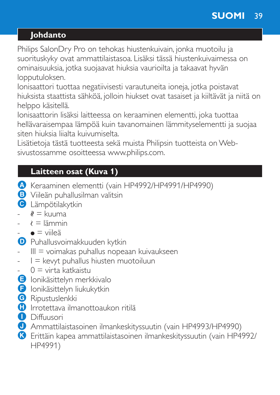 Suomi, Johdanto, Laitteen osat (kuva 1) | Philips SalonDry Pro Secador User Manual | Page 39 / 96