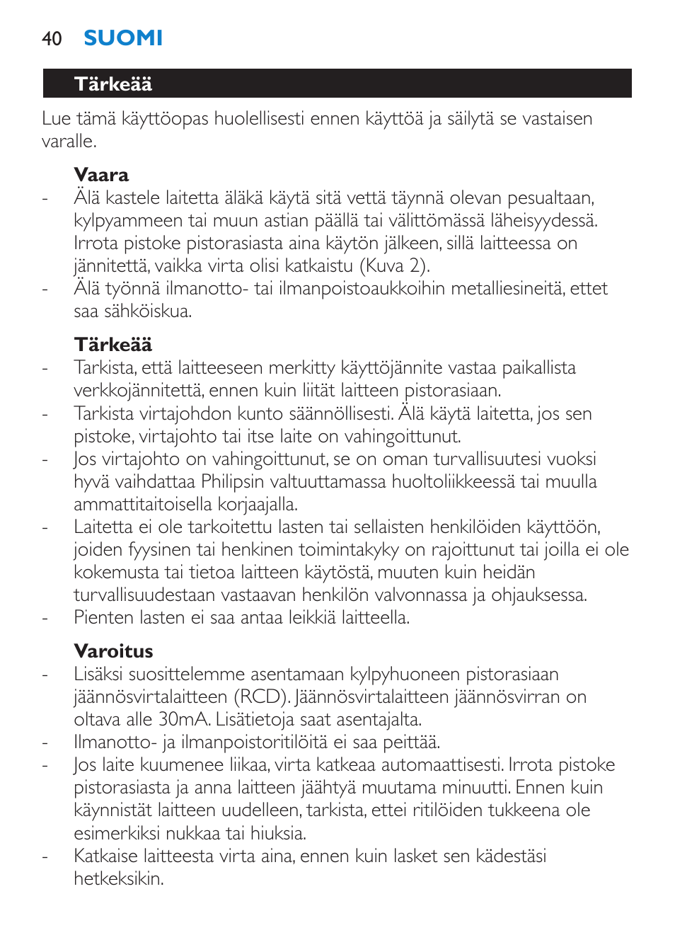 Vaara, Tärkeää, Varoitus | Philips SalonDry Pro Secador User Manual | Page 40 / 96