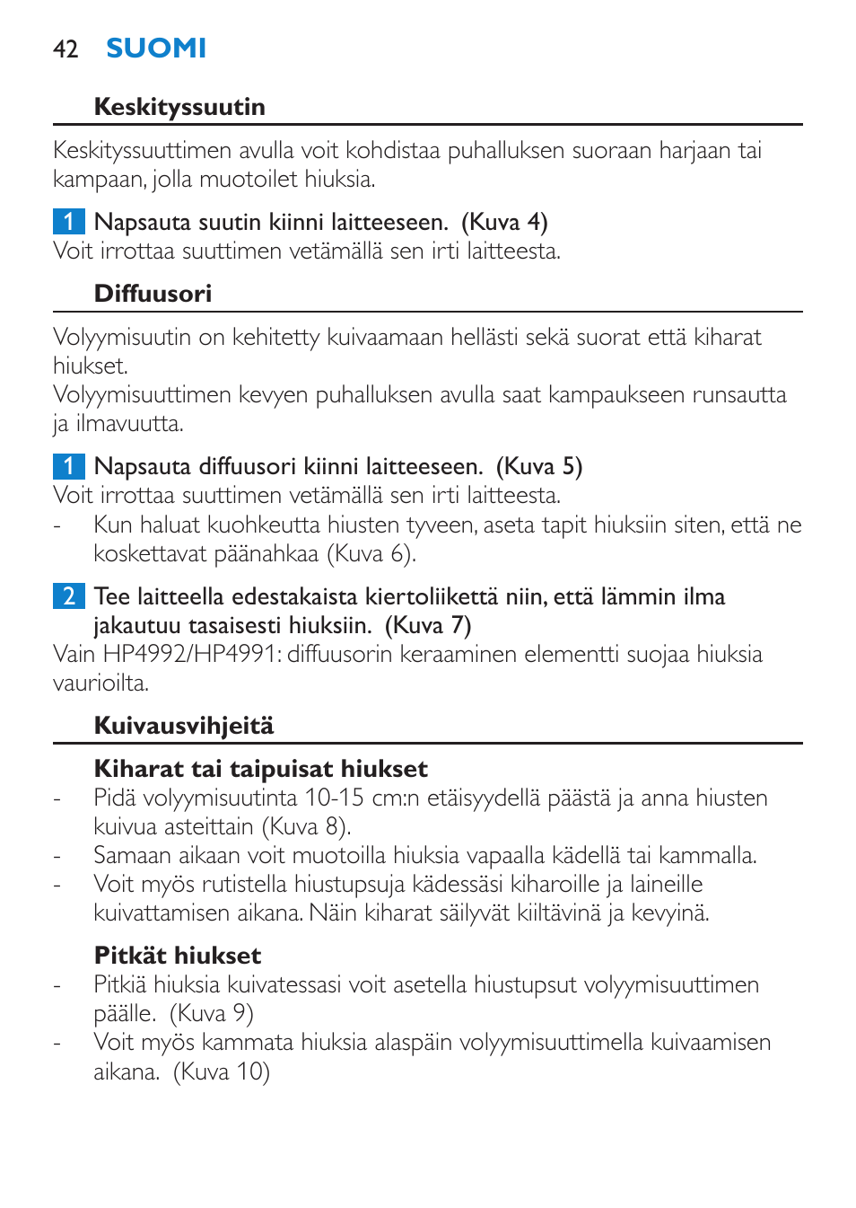 Keskityssuutin, Diffuusori, Kuivausvihjeitä | Kiharat tai taipuisat hiukset, Pitkät hiukset | Philips SalonDry Pro Secador User Manual | Page 42 / 96