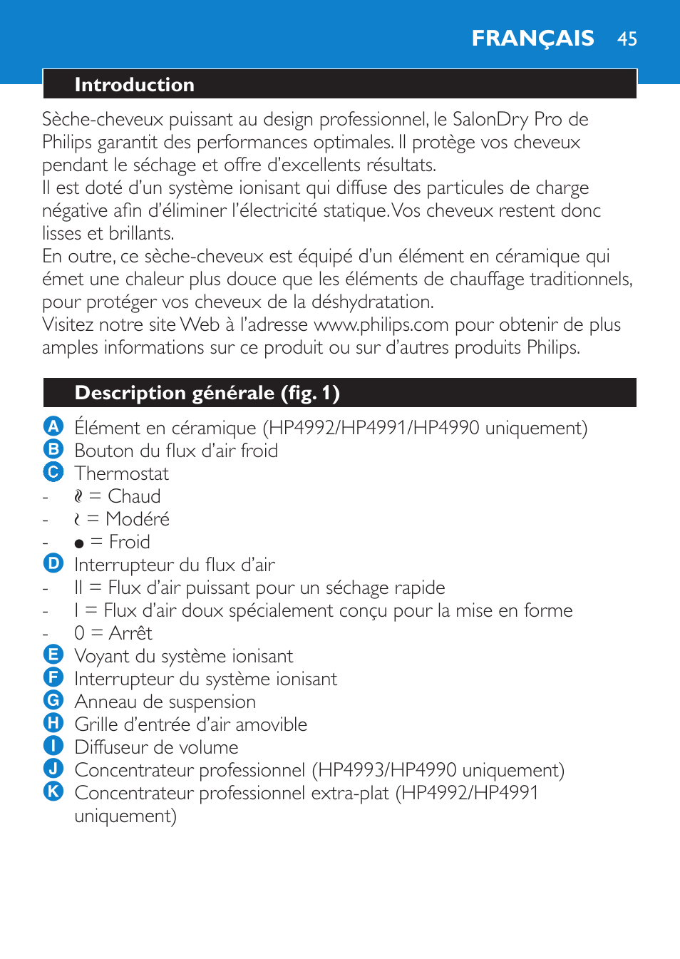 Français, Introduction, Description générale (fig. 1) | Philips SalonDry Pro Secador User Manual | Page 45 / 96