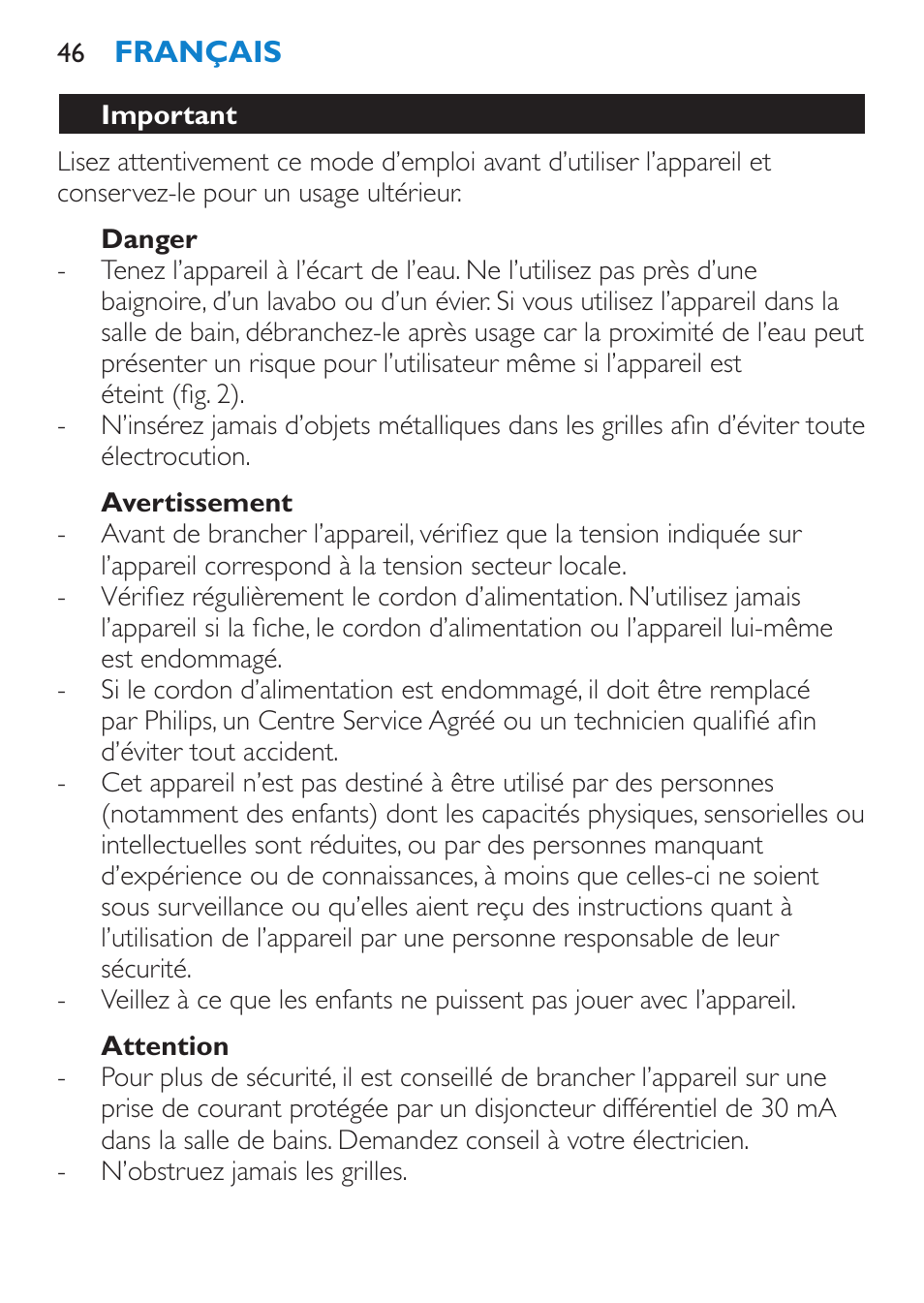 Danger, Avertissement, Attention | Important | Philips SalonDry Pro Secador User Manual | Page 46 / 96