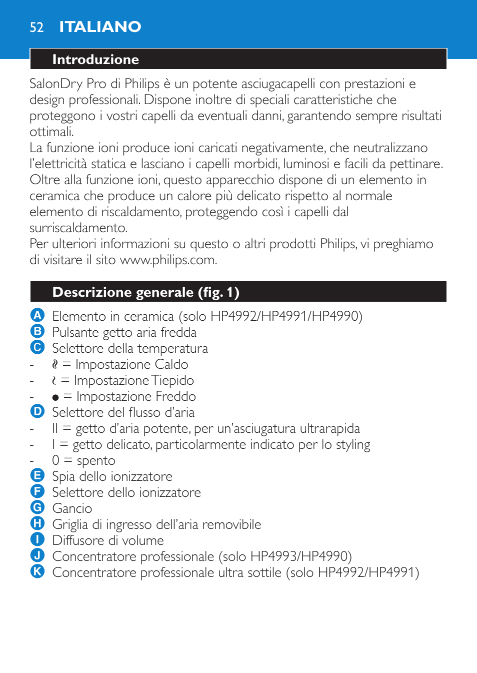 Italiano, Introduzione, Descrizione generale (fig. 1) | Philips SalonDry Pro Secador User Manual | Page 52 / 96