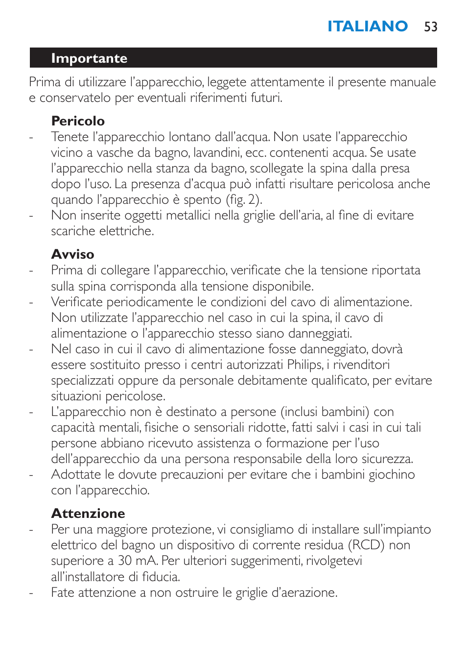 Pericolo, Avviso, Attenzione | Importante | Philips SalonDry Pro Secador User Manual | Page 53 / 96