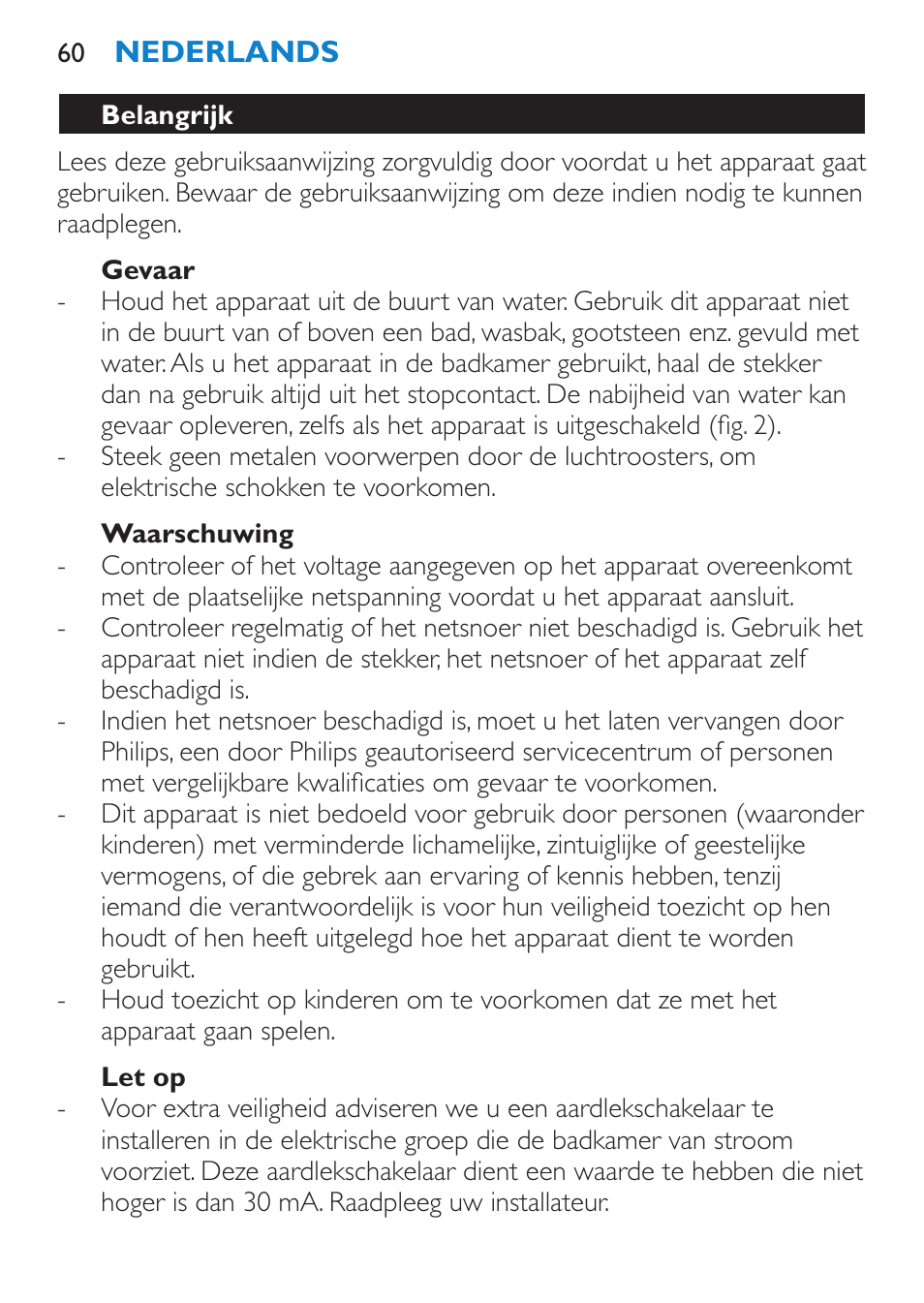 Gevaar, Waarschuwing, Let op | Belangrijk | Philips SalonDry Pro Secador User Manual | Page 60 / 96