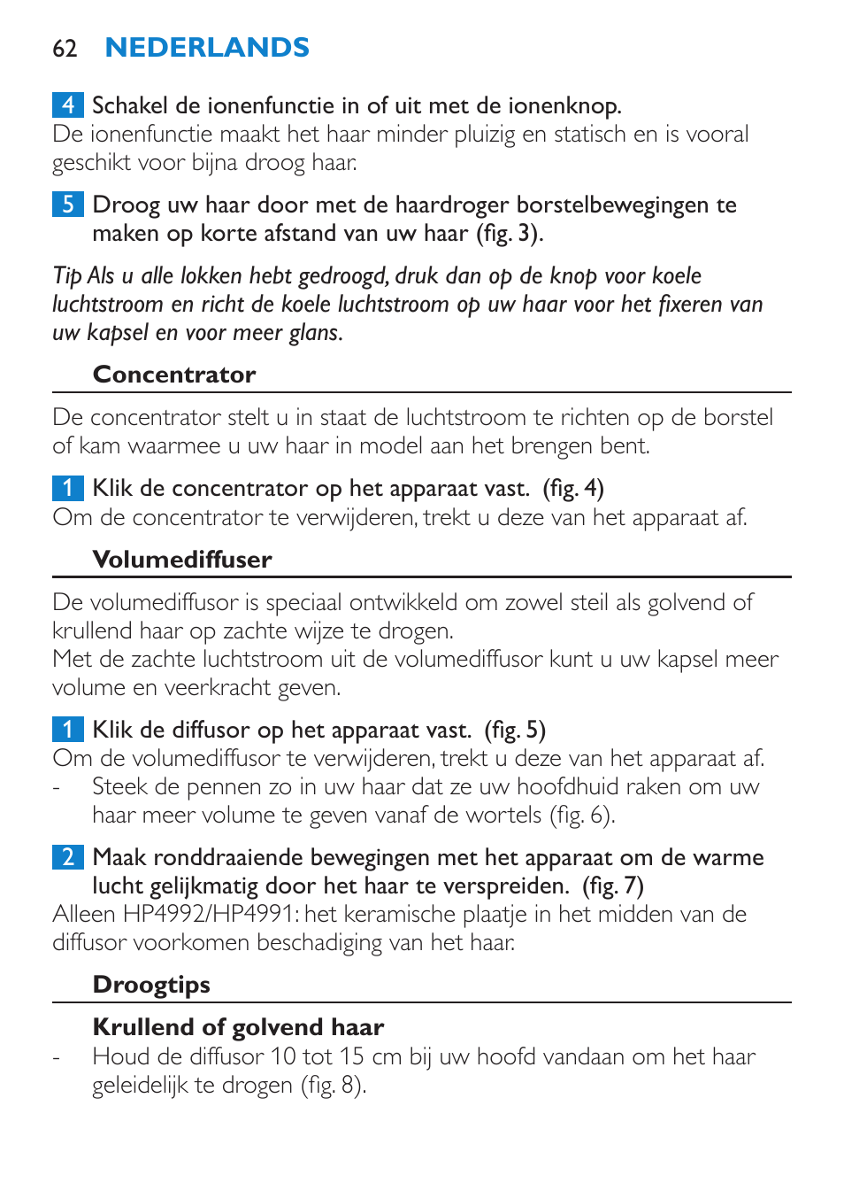 Concentrator, Volumediffuser, Droogtips | Krullend of golvend haar | Philips SalonDry Pro Secador User Manual | Page 62 / 96