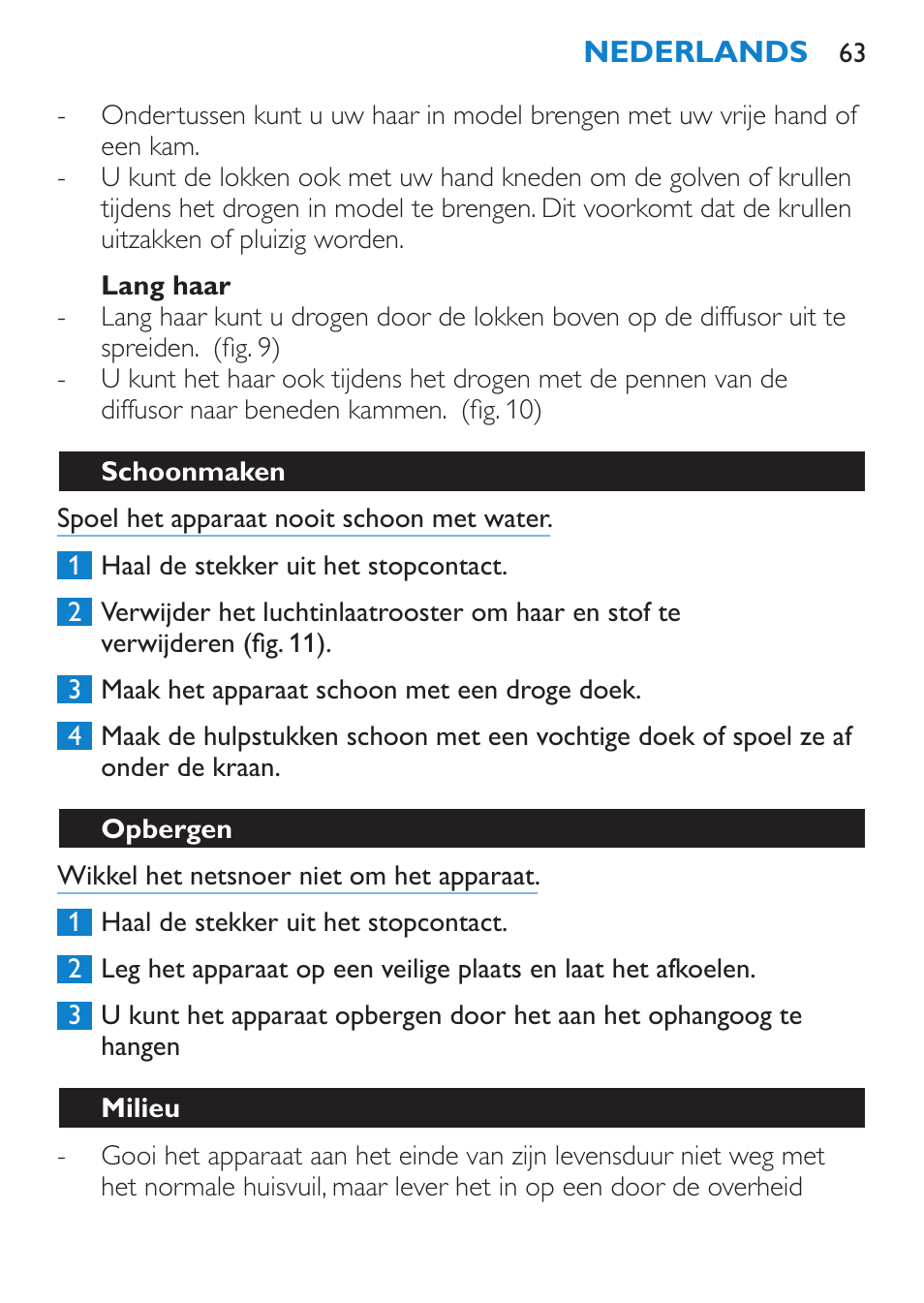 Lang haar, Schoonmaken, Opbergen | Milieu | Philips SalonDry Pro Secador User Manual | Page 63 / 96