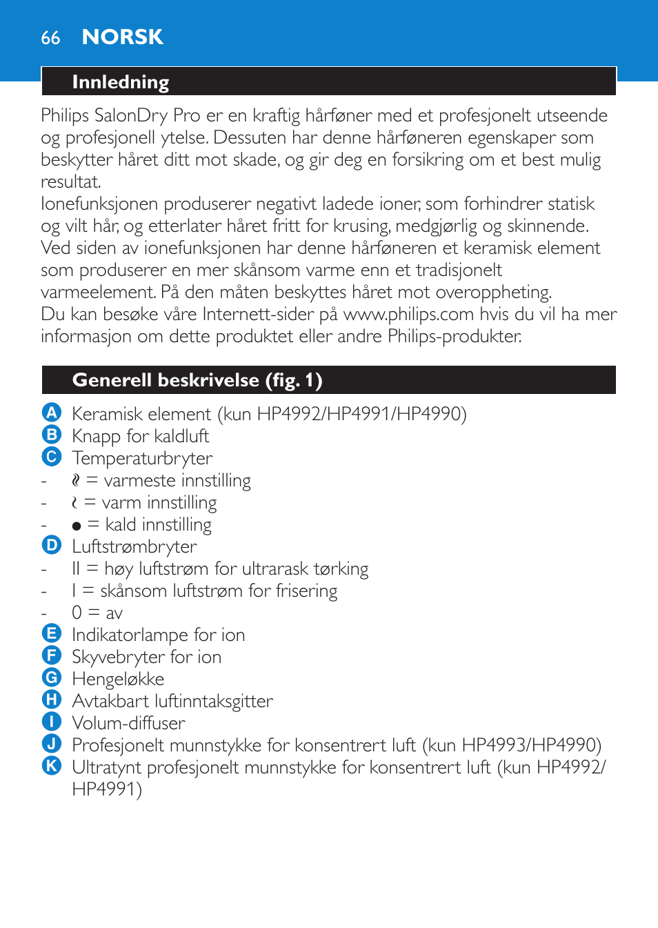 Norsk, Innledning, Generell beskrivelse (fig. 1) | Philips SalonDry Pro Secador User Manual | Page 66 / 96