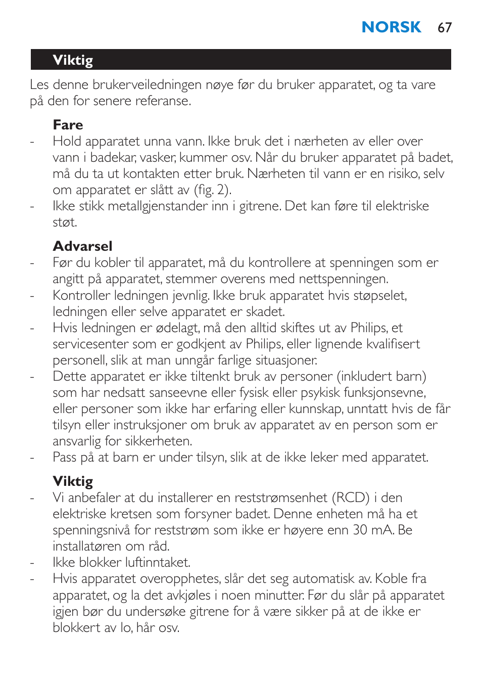 Fare, Advarsel, Viktig | Philips SalonDry Pro Secador User Manual | Page 67 / 96