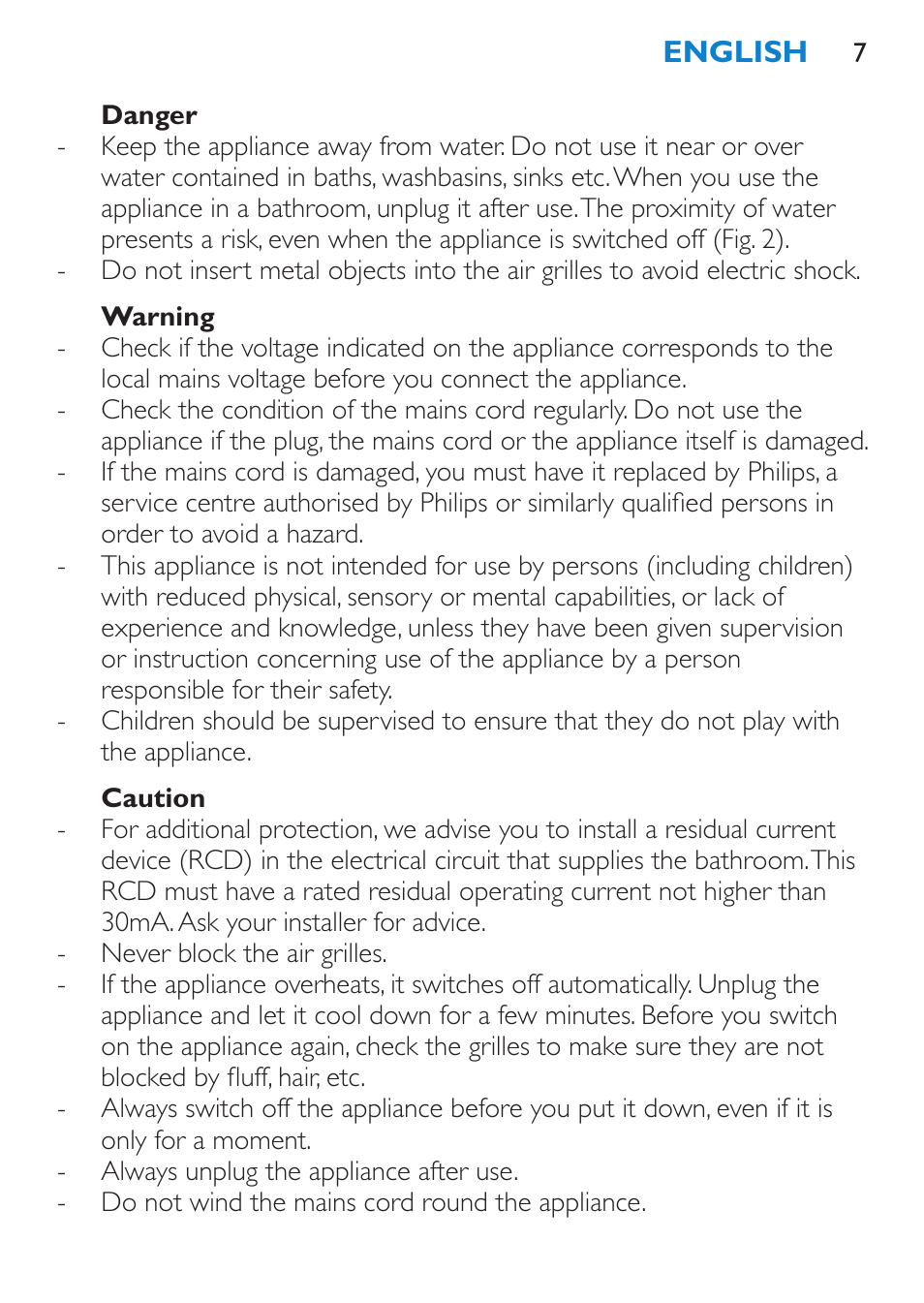 Danger, Warning, Caution | Philips SalonDry Pro Secador User Manual | Page 7 / 96