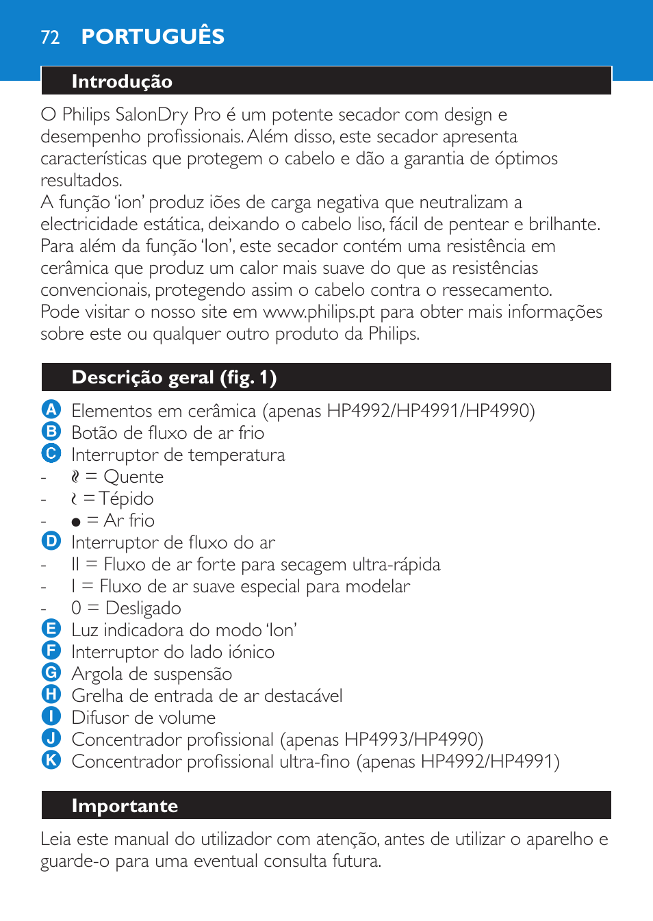 Português, Introdução, Descrição geral (fig. 1) | Importante | Philips SalonDry Pro Secador User Manual | Page 72 / 96