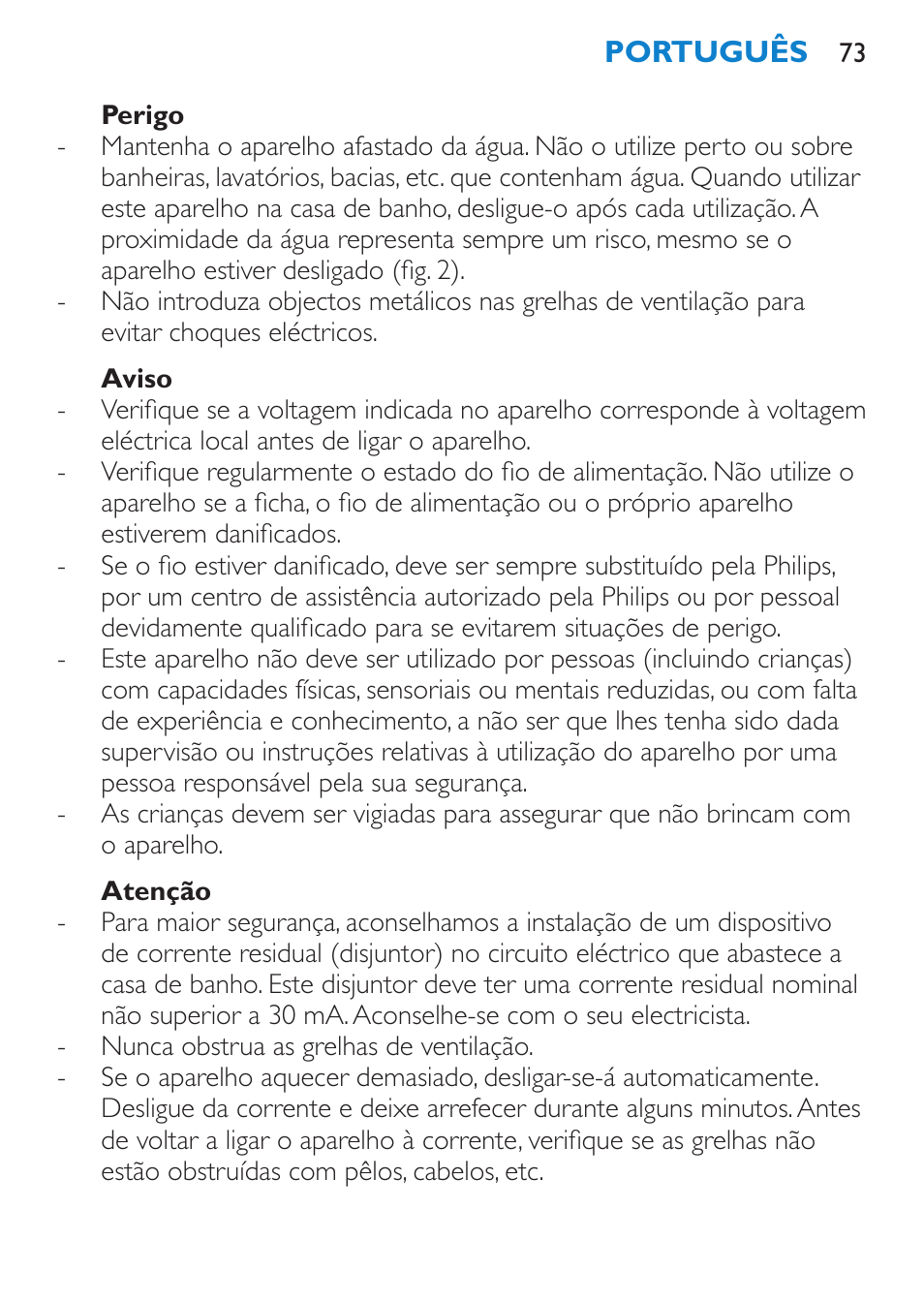 Perigo, Aviso, Atenção | Philips SalonDry Pro Secador User Manual | Page 73 / 96