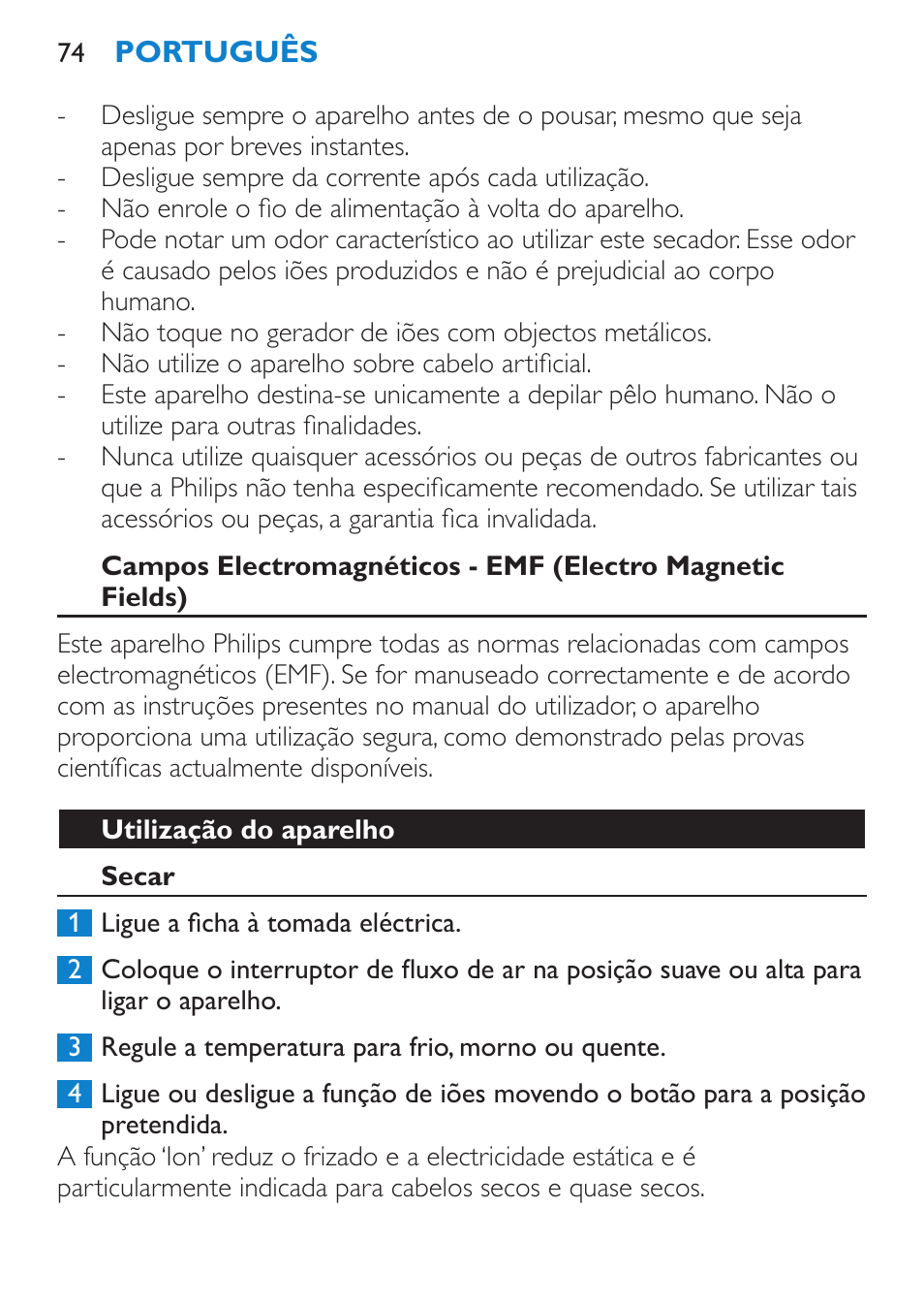 Utilização do aparelho, Secar | Philips SalonDry Pro Secador User Manual | Page 74 / 96