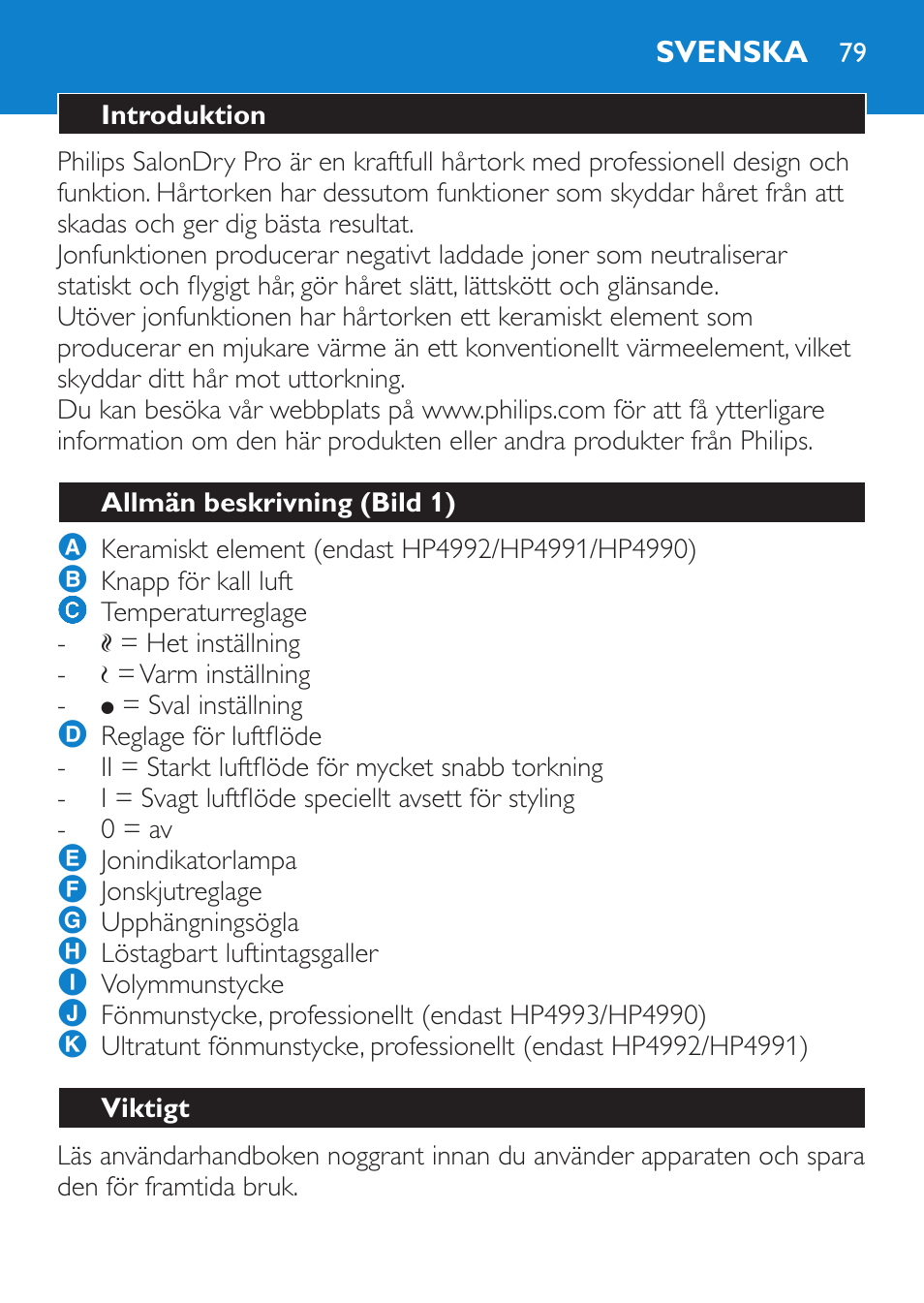 Svenska, Introduktion, Allmän beskrivning (bild 1) | Viktigt | Philips SalonDry Pro Secador User Manual | Page 79 / 96