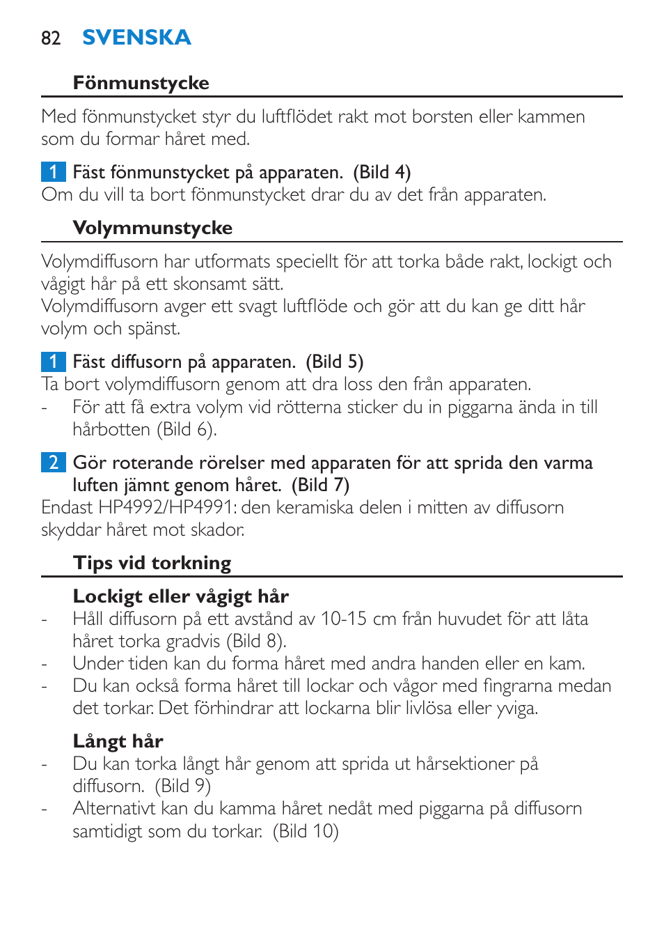 Fönmunstycke, Volymmunstycke, Tips vid torkning | Lockigt eller vågigt hår, Långt hår | Philips SalonDry Pro Secador User Manual | Page 82 / 96