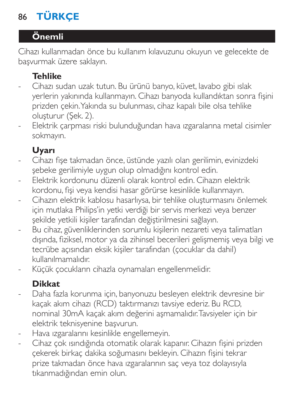 Tehlike, Uyarı, Dikkat | Önemli | Philips SalonDry Pro Secador User Manual | Page 86 / 96