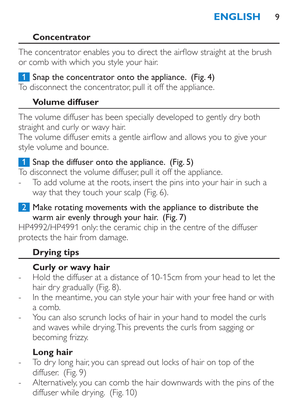 Concentrator, Volume diffuser, Drying tips | Curly or wavy hair, Long hair | Philips SalonDry Pro Secador User Manual | Page 9 / 96