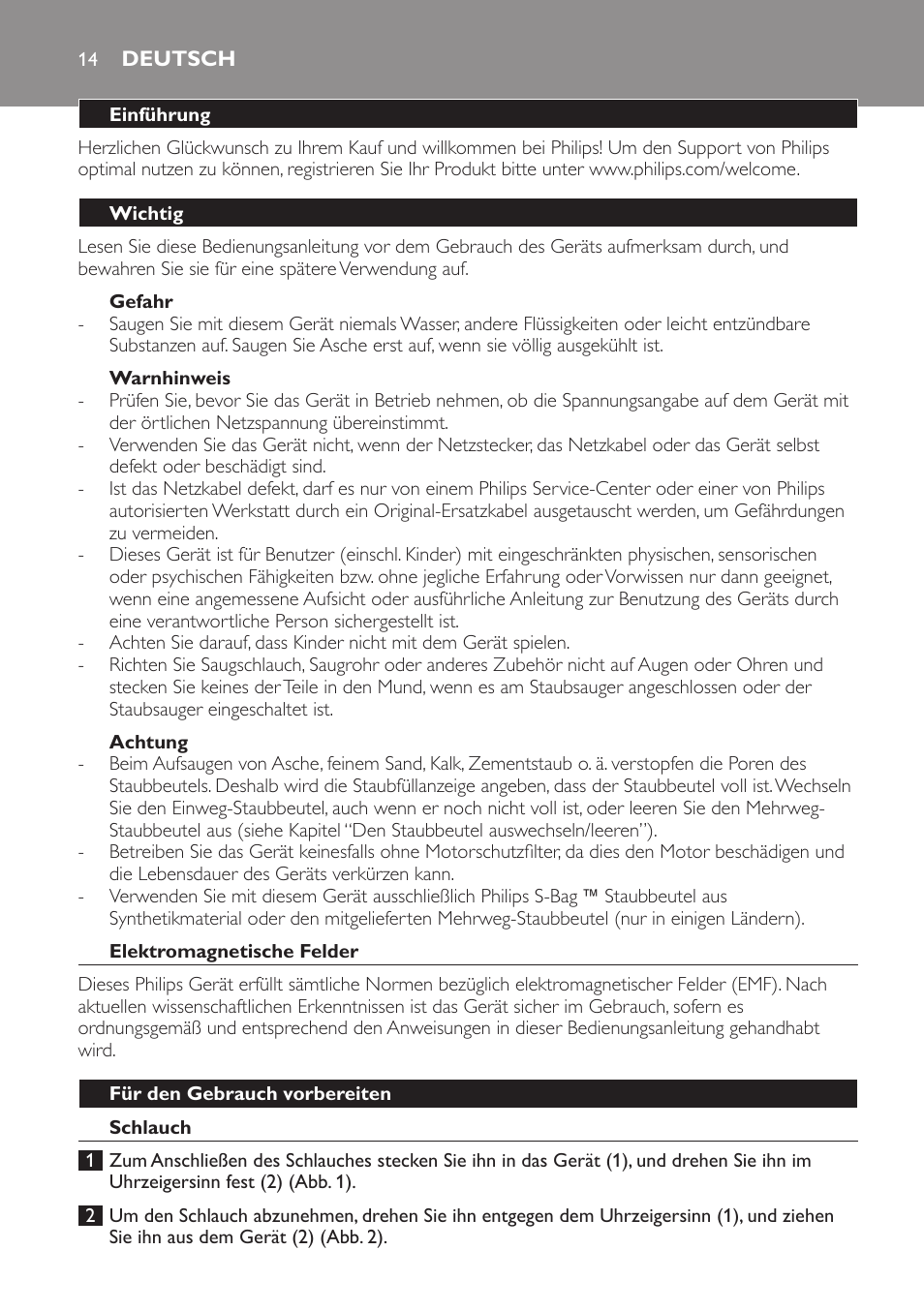 Gefahr, Warnhinweis, Achtung | Deutsch, Einführung, Wichtig, Elektromagnetische felder, Für den gebrauch vorbereiten, Schlauch | Philips Expression Aspirador con bolsa User Manual | Page 14 / 64