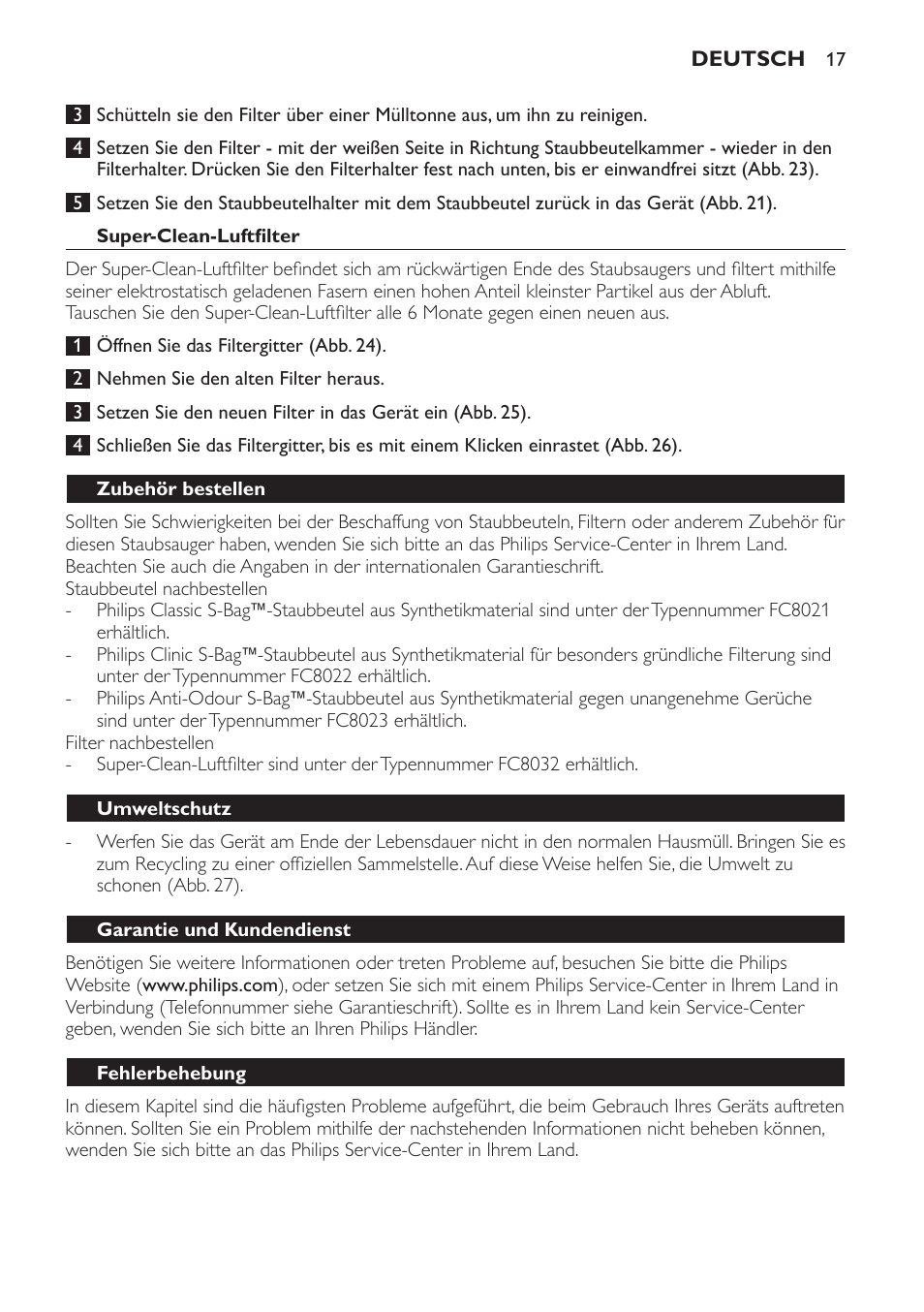 Super-clean-luftfilter, Zubehör bestellen, Umweltschutz | Garantie und kundendienst, Fehlerbehebung | Philips Expression Aspirador con bolsa User Manual | Page 17 / 64