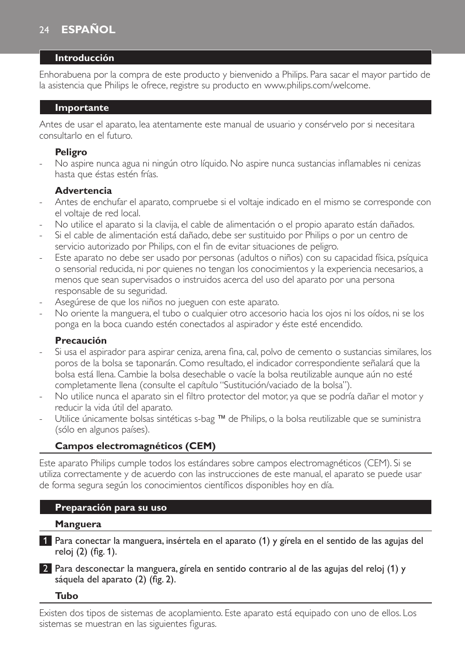Peligro, Advertencia, Precaución | Español, Introducción, Importante, Campos electromagnéticos (cem), Preparación para su uso, Manguera, Tubo | Philips Expression Aspirador con bolsa User Manual | Page 24 / 64