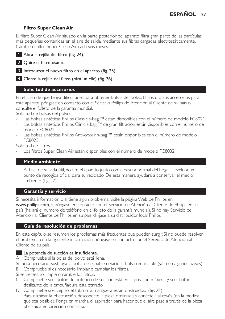 Solicitud de accesorios, Medio ambiente, Garantía y servicio | Guía de resolución de problemas | Philips Expression Aspirador con bolsa User Manual | Page 27 / 64