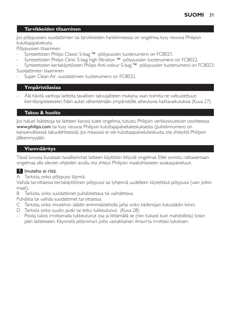 Ympäristöasiaa, Takuu & huolto, Vianmääritys | Philips Expression Aspirador con bolsa User Manual | Page 31 / 64