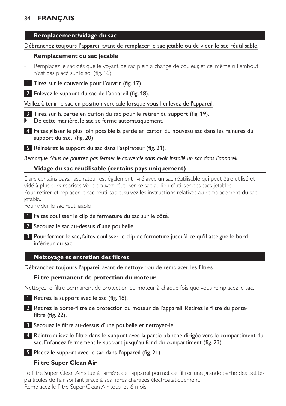 Remplacement/vidage du sac, Remplacement du sac jetable, Nettoyage et entretien des filtres | Filtre permanent de protection du moteur, Filtre super clean air | Philips Expression Aspirador con bolsa User Manual | Page 34 / 64