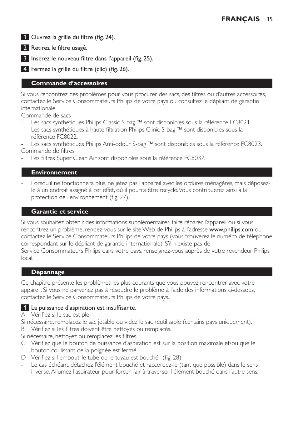 Commande d’accessoires, Environnement, Garantie et service | Dépannage | Philips Expression Aspirador con bolsa User Manual | Page 35 / 64