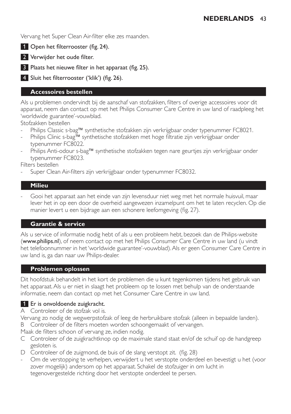 Accessoires bestellen, Milieu, Garantie & service | Problemen oplossen | Philips Expression Aspirador con bolsa User Manual | Page 43 / 64