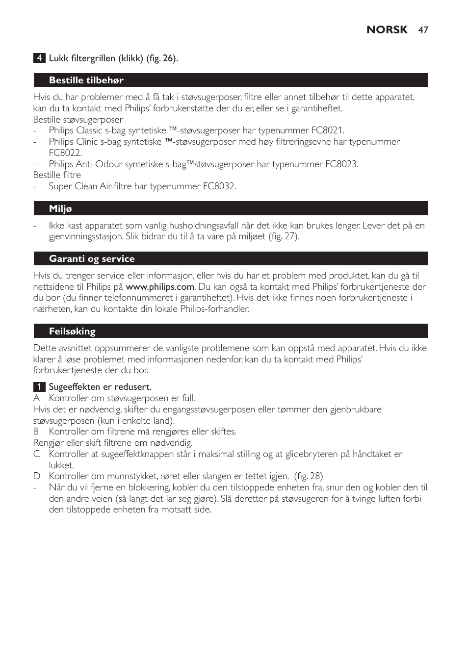 Bestille tilbehør, Miljø, Garanti og service | Feilsøking | Philips Expression Aspirador con bolsa User Manual | Page 47 / 64
