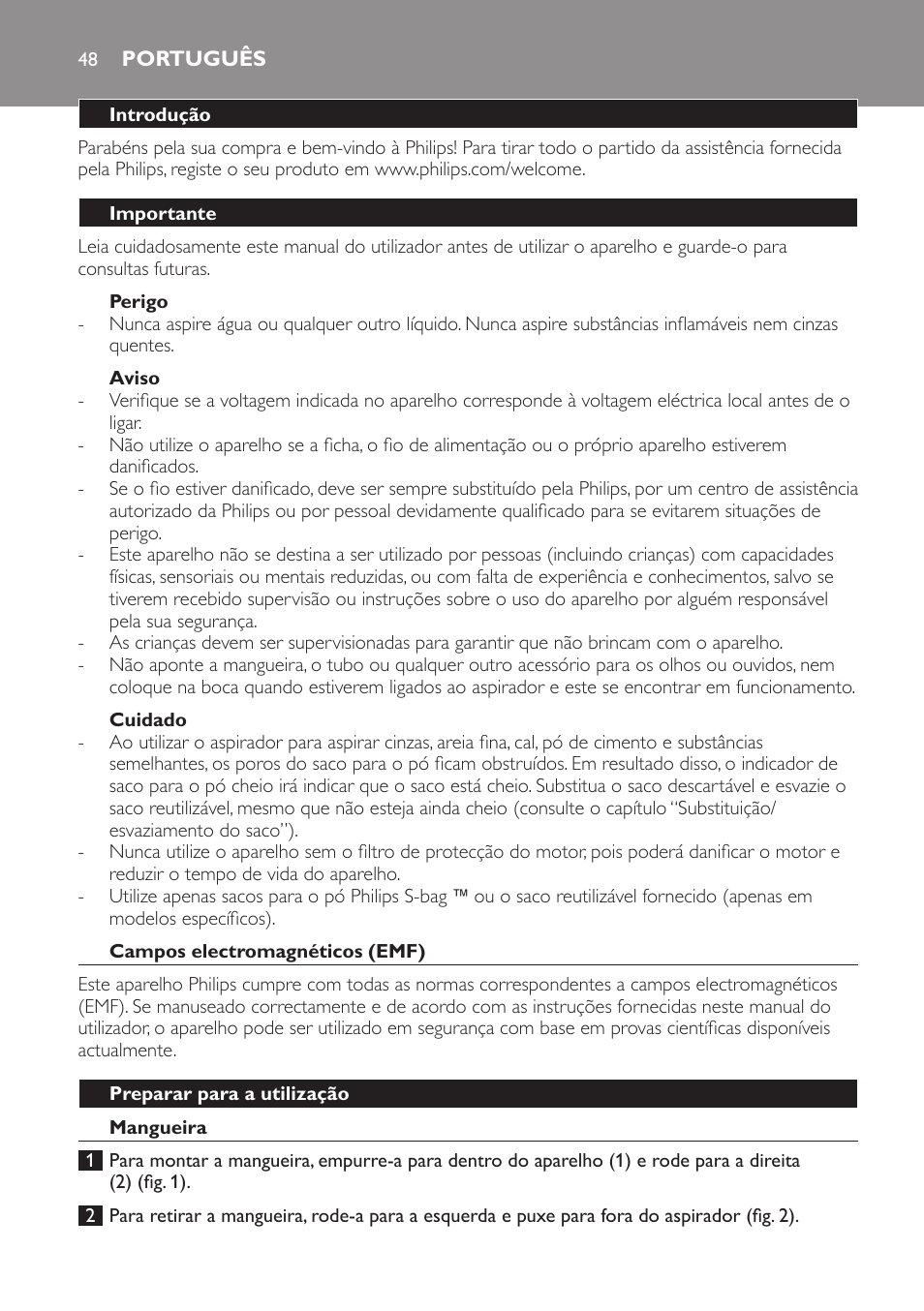 Perigo, Aviso, Cuidado | Português, Introdução, Importante, Campos electromagnéticos (emf), Preparar para a utilização, Mangueira | Philips Expression Aspirador con bolsa User Manual | Page 48 / 64