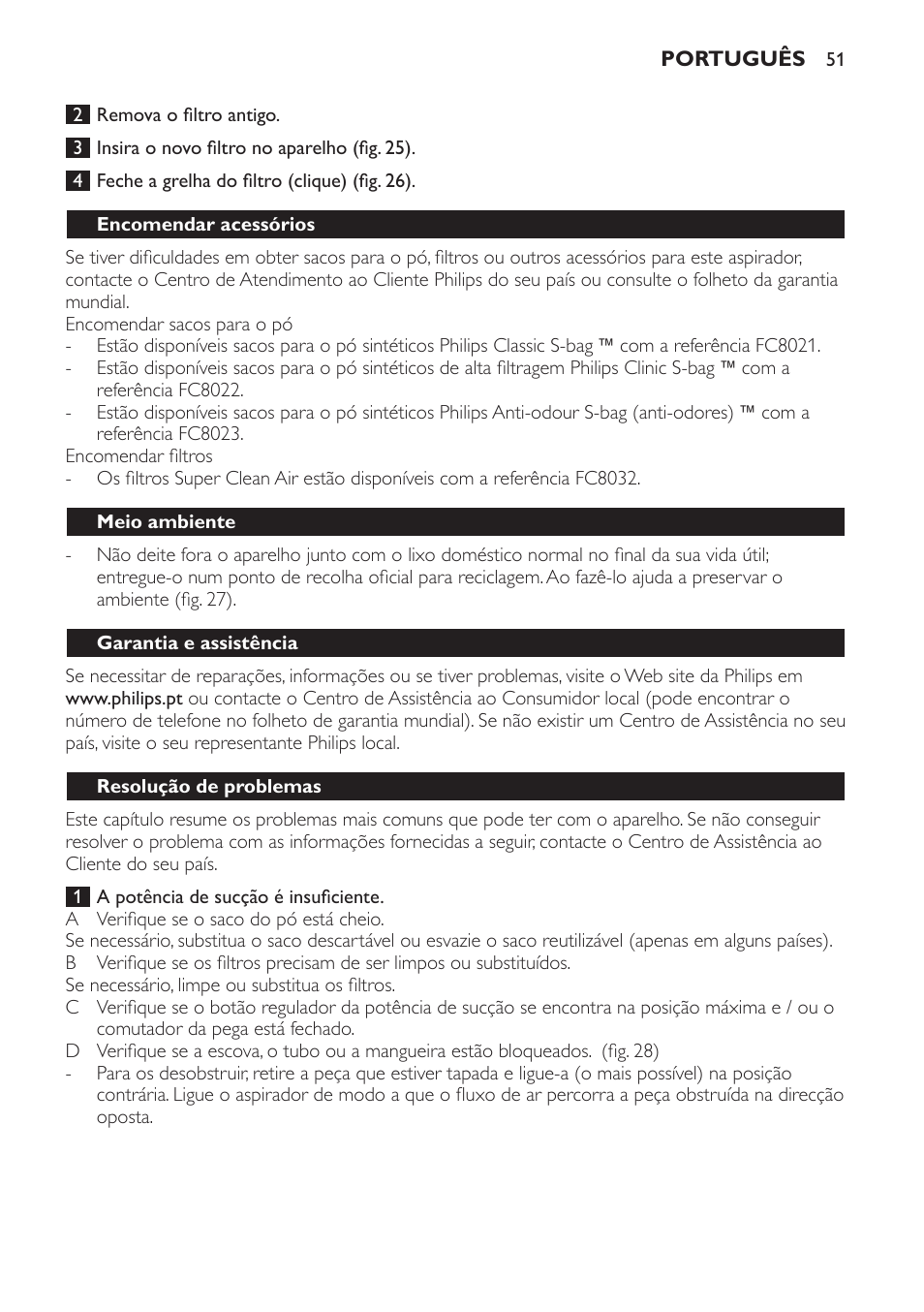 Encomendar acessórios, Meio ambiente, Garantia e assistência | Resolução de problemas | Philips Expression Aspirador con bolsa User Manual | Page 51 / 64