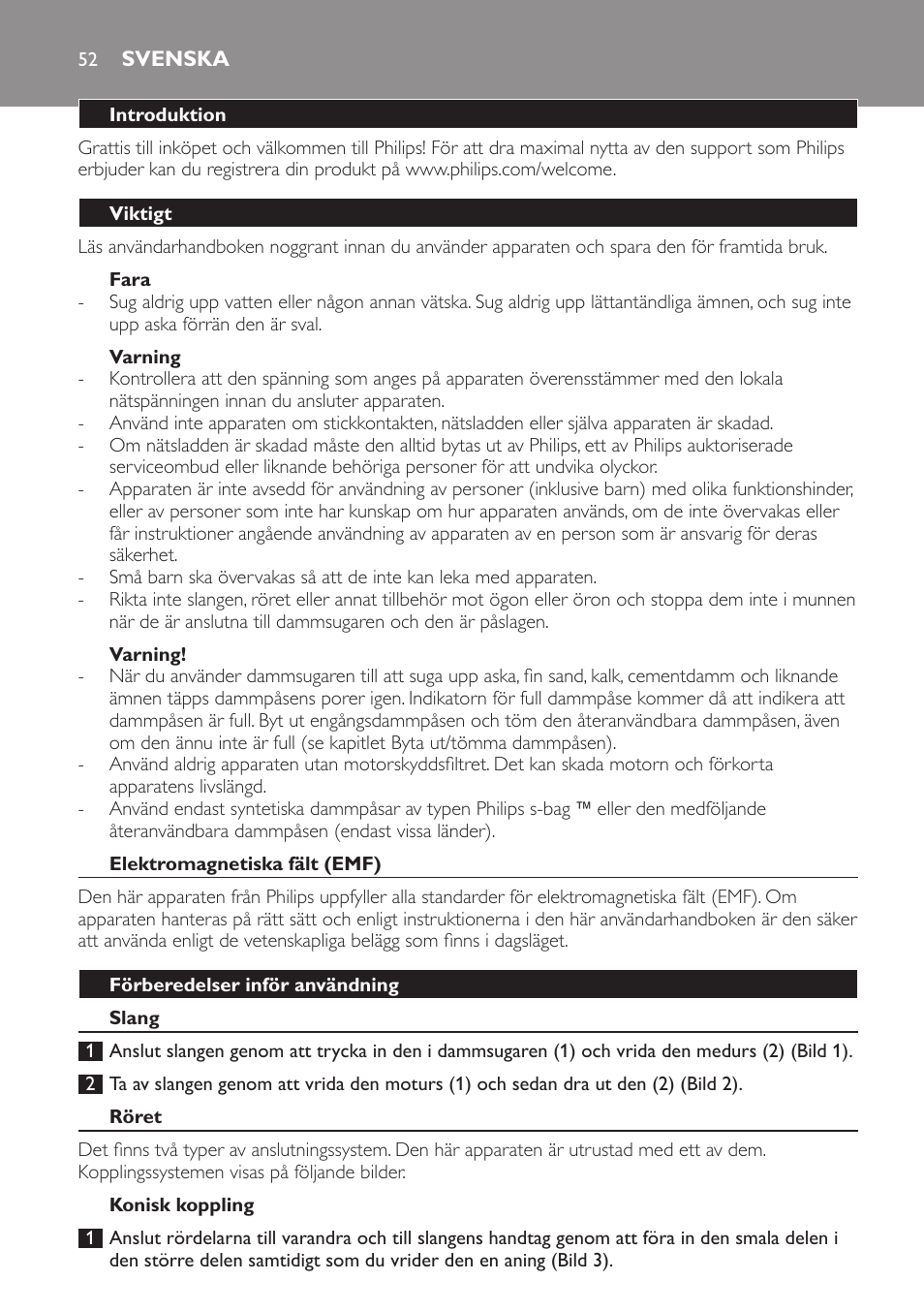 Fara, Varning, Svenska | Introduktion, Viktigt, Elektromagnetiska fält (emf), Förberedelser inför användning, Slang, Röret, Konisk koppling | Philips Expression Aspirador con bolsa User Manual | Page 52 / 64