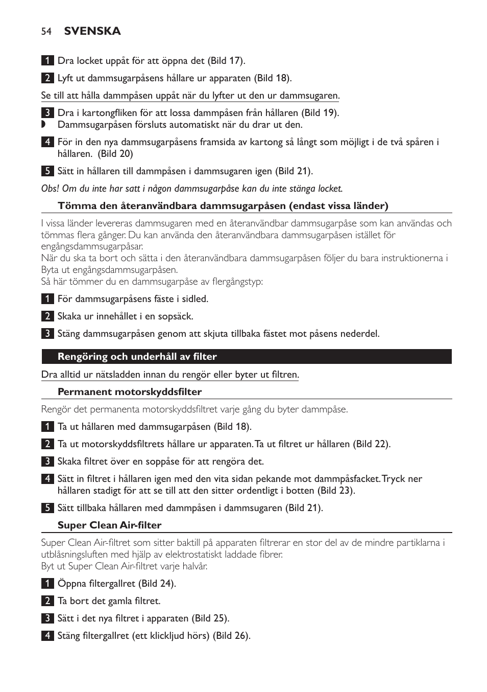 Rengöring och underhåll av filter, Permanent motorskyddsfilter, Super clean air-filter | Philips Expression Aspirador con bolsa User Manual | Page 54 / 64